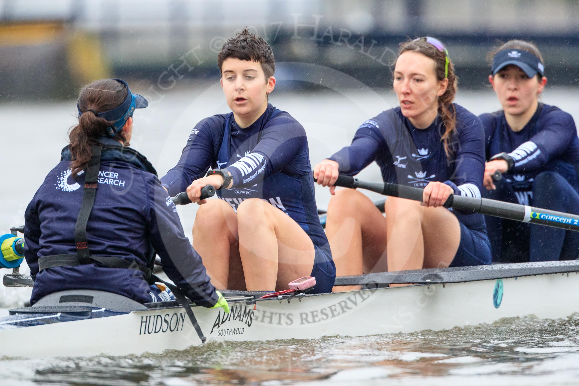 The Boat Race season 2018 - Women's Boat Race Trial Eights (OUWBC, Oxford): "Great Typhoon" passing the boat houses on Putney Embankment - cox Jessica Buck, stroke Alice Roberts,  7 Abigail Killen, 6 Sara Kushma.
River Thames between Putney Bridge and Mortlake,
London SW15,

United Kingdom,
on 21 January 2018 at 14:29, image #72