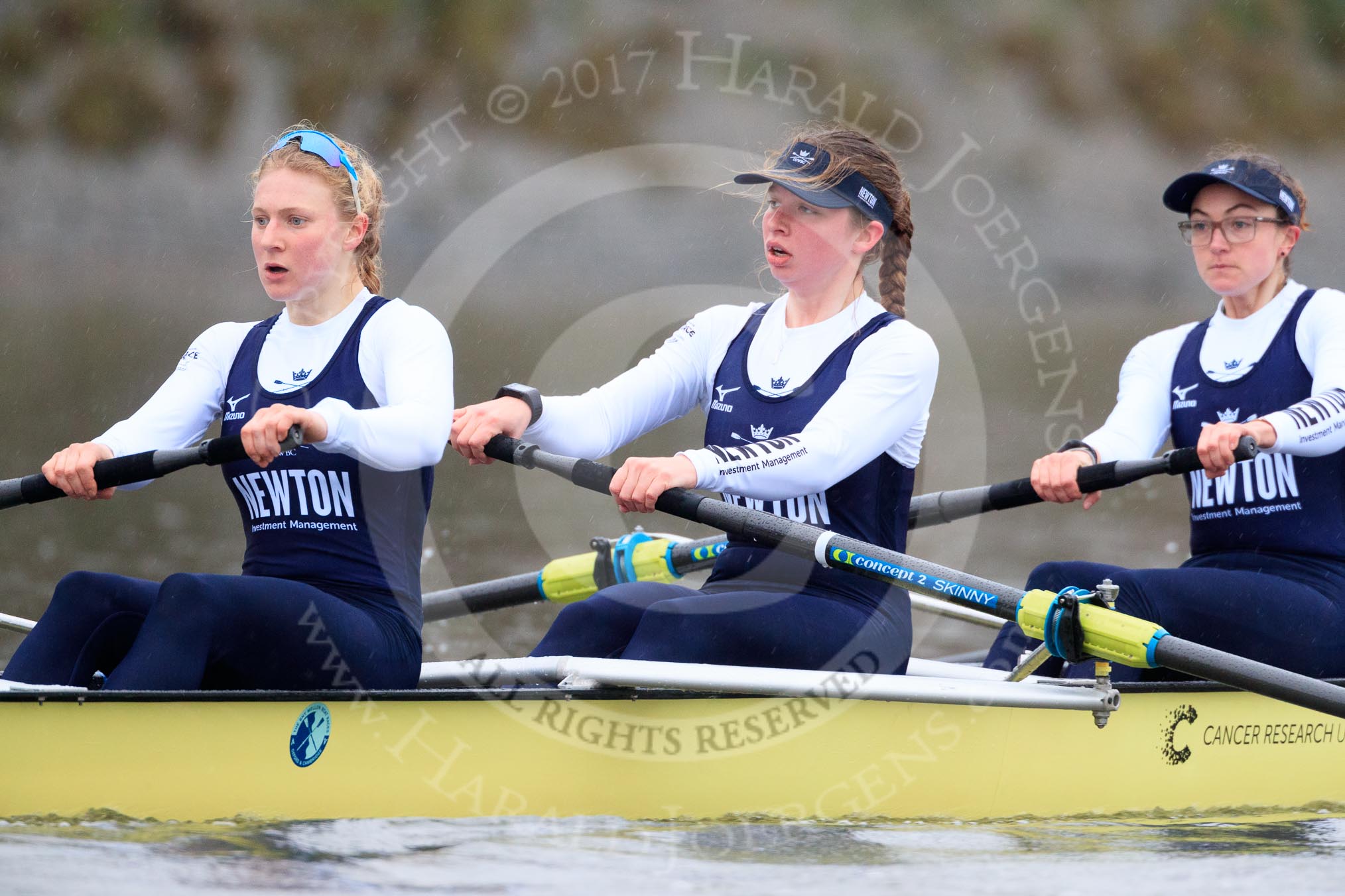 The Boat Race season 2018 - Women's Boat Race Trial Eights (OUWBC, Oxford): "Coursing River" -  stroke Beth Bridgman, 7 Juliette Perry, 6 Katherine Erickson.
River Thames between Putney Bridge and Mortlake,
London SW15,

United Kingdom,
on 21 January 2018 at 14:34, image #93