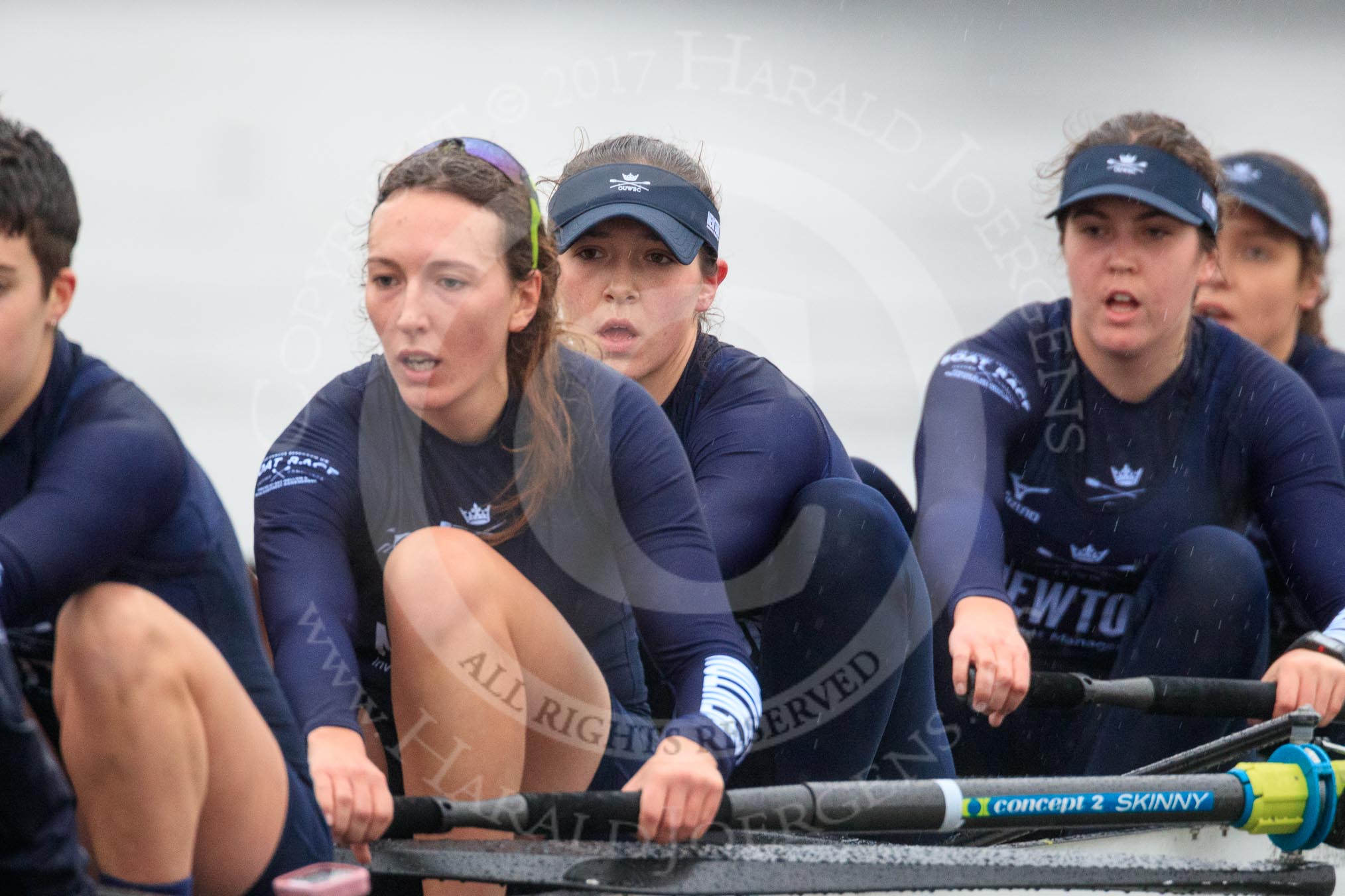 The Boat Race season 2018 - Women's Boat Race Trial Eights (OUWBC, Oxford): "Great Typhoon"  approaching Chiswick Pier - here 7 Abigail Killen, 6 Sara Kushma, 5 Olivia Pryer, 4 Linda Van Bijsterveldt.
River Thames between Putney Bridge and Mortlake,
London SW15,

United Kingdom,
on 21 January 2018 at 14:39, image #135