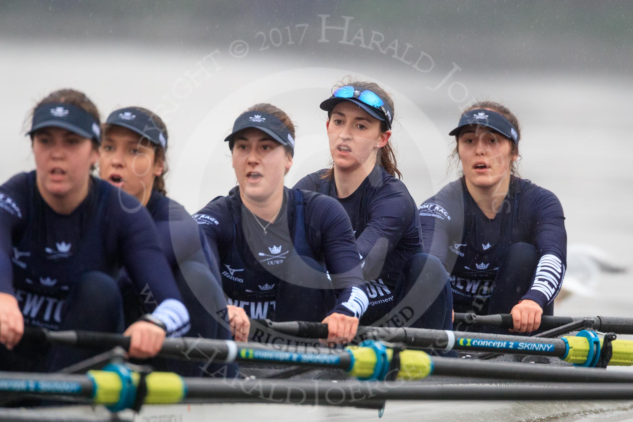 The Boat Race season 2018 - Women's Boat Race Trial Eights (OUWBC, Oxford): "Great Typhoon"  approaching Chiswick Pier - here 5 Olivia Pryer, 4 Linda Van Bijsterveldt, 3 Madeline Goss, 2 Laura Depner, bow Matilda Edwards.
River Thames between Putney Bridge and Mortlake,
London SW15,

United Kingdom,
on 21 January 2018 at 14:39, image #137