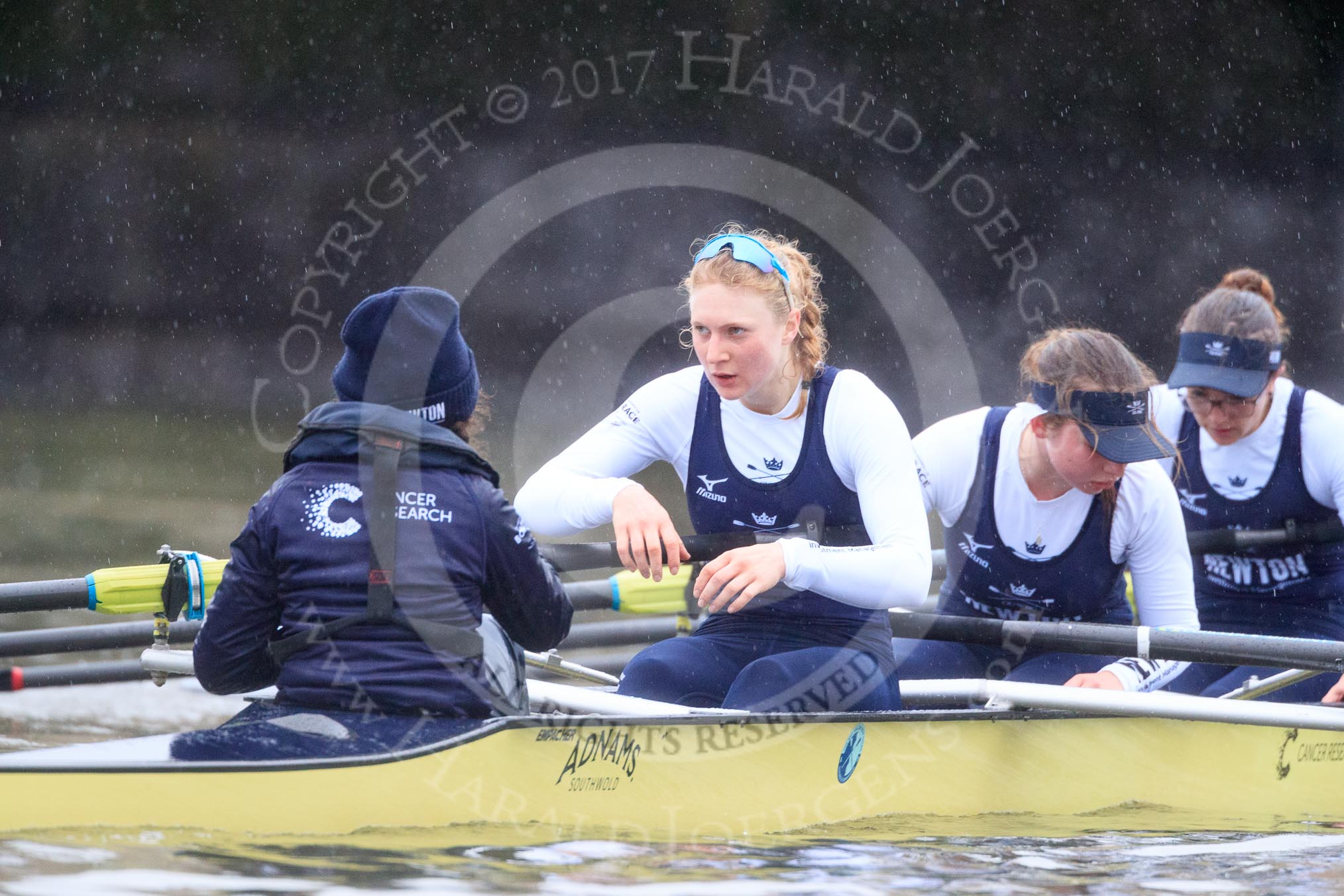 The Boat Race season 2018 - Women's Boat Race Trial Eights (OUWBC, Oxford): "Coursing River" after the race, here cox Ellie Shearer, stroke Beth Bridgman, 7 Juliette Perry, 6 Katherine Erickson.
River Thames between Putney Bridge and Mortlake,
London SW15,

United Kingdom,
on 21 January 2018 at 14:47, image #182