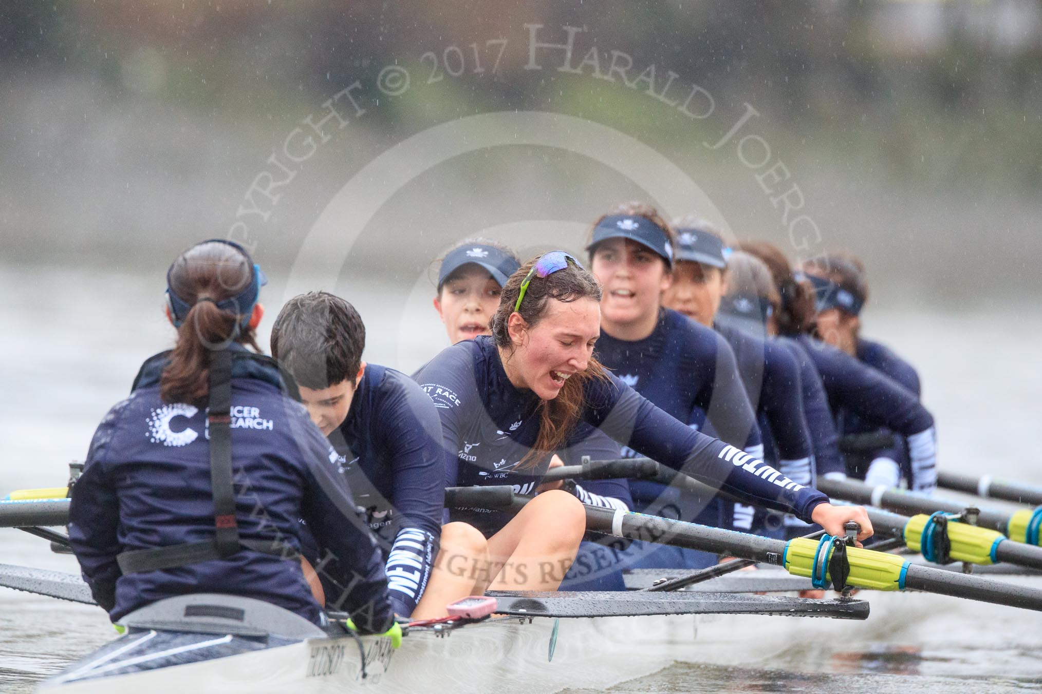 The Boat Race season 2018 - Women's Boat Race Trial Eights (OUWBC, Oxford): "Great Typhoon" after the race, here cox Jessica Buck, stroke Alice Roberts,  7 Abigail Killen, 6 Sara Kushma, 5 Olivia Pryer, 4 Linda Van Bijsterveldt, 3 Madeline Goss, 2 Laura Depner, bow Matilda Edwards.
River Thames between Putney Bridge and Mortlake,
London SW15,

United Kingdom,
on 21 January 2018 at 14:47, image #183