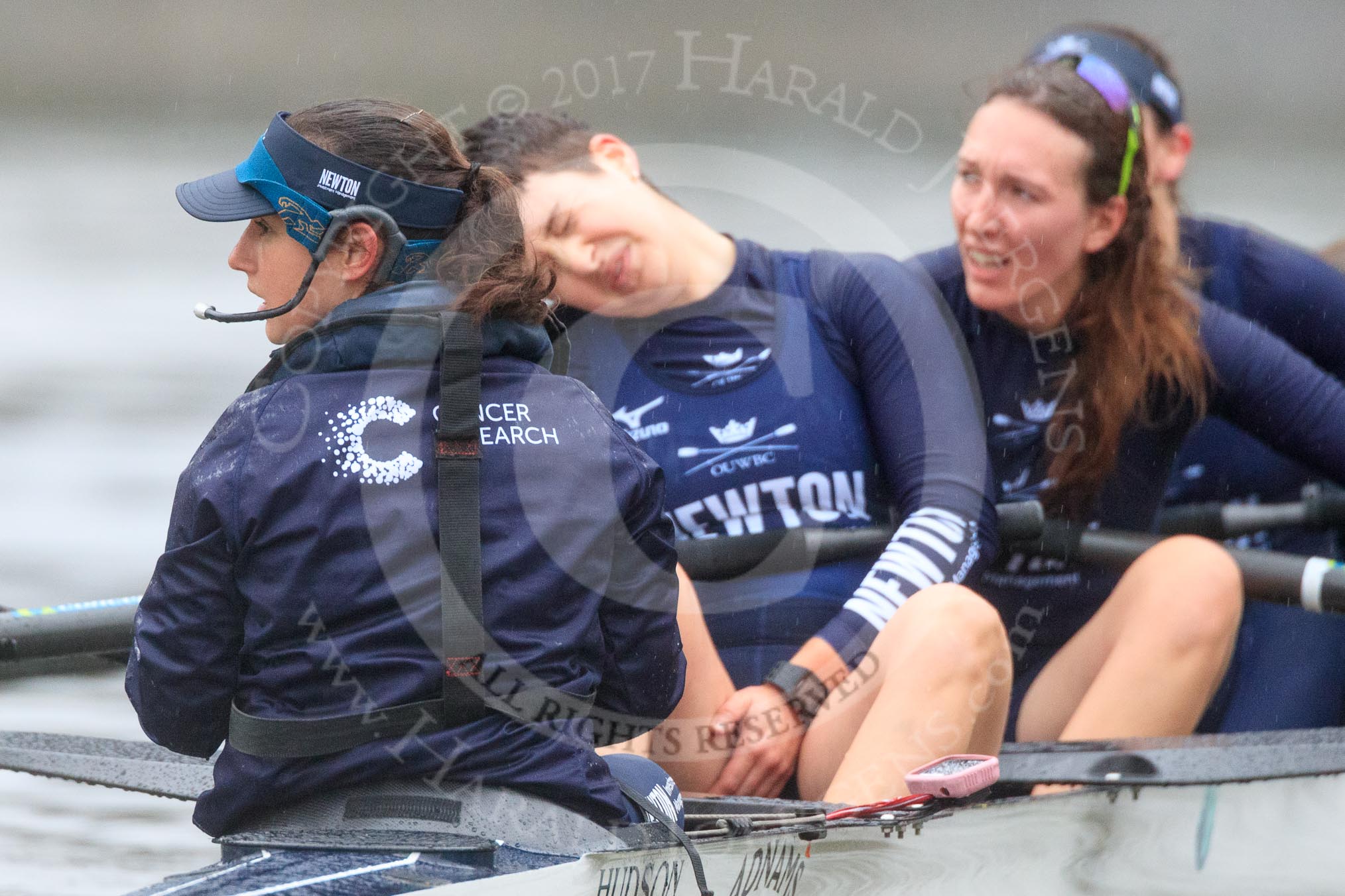 The Boat Race season 2018 - Women's Boat Race Trial Eights (OUWBC, Oxford): "Great Typhoon" after the race, here cox Jessica Buck, stroke Alice Roberts,  7 Abigail Killen, 6 Sara Kushma.
River Thames between Putney Bridge and Mortlake,
London SW15,

United Kingdom,
on 21 January 2018 at 14:47, image #185