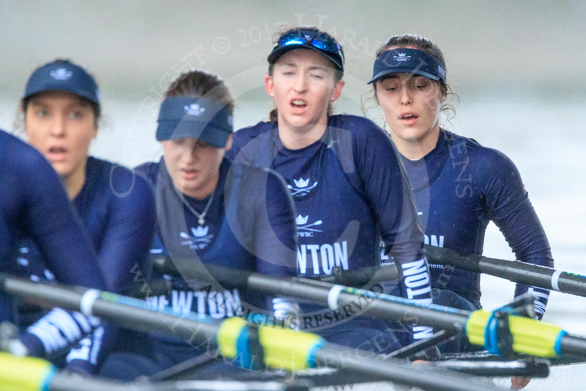 The Boat Race season 2018 - Women's Boat Race Trial Eights (OUWBC, Oxford): "Great Typhoon" after the race, here 4 Linda Van Bijsterveldt, 3 Madeline Goss, 2 Laura Depner, bow Matilda Edwards.
River Thames between Putney Bridge and Mortlake,
London SW15,

United Kingdom,
on 21 January 2018 at 14:47, image #188