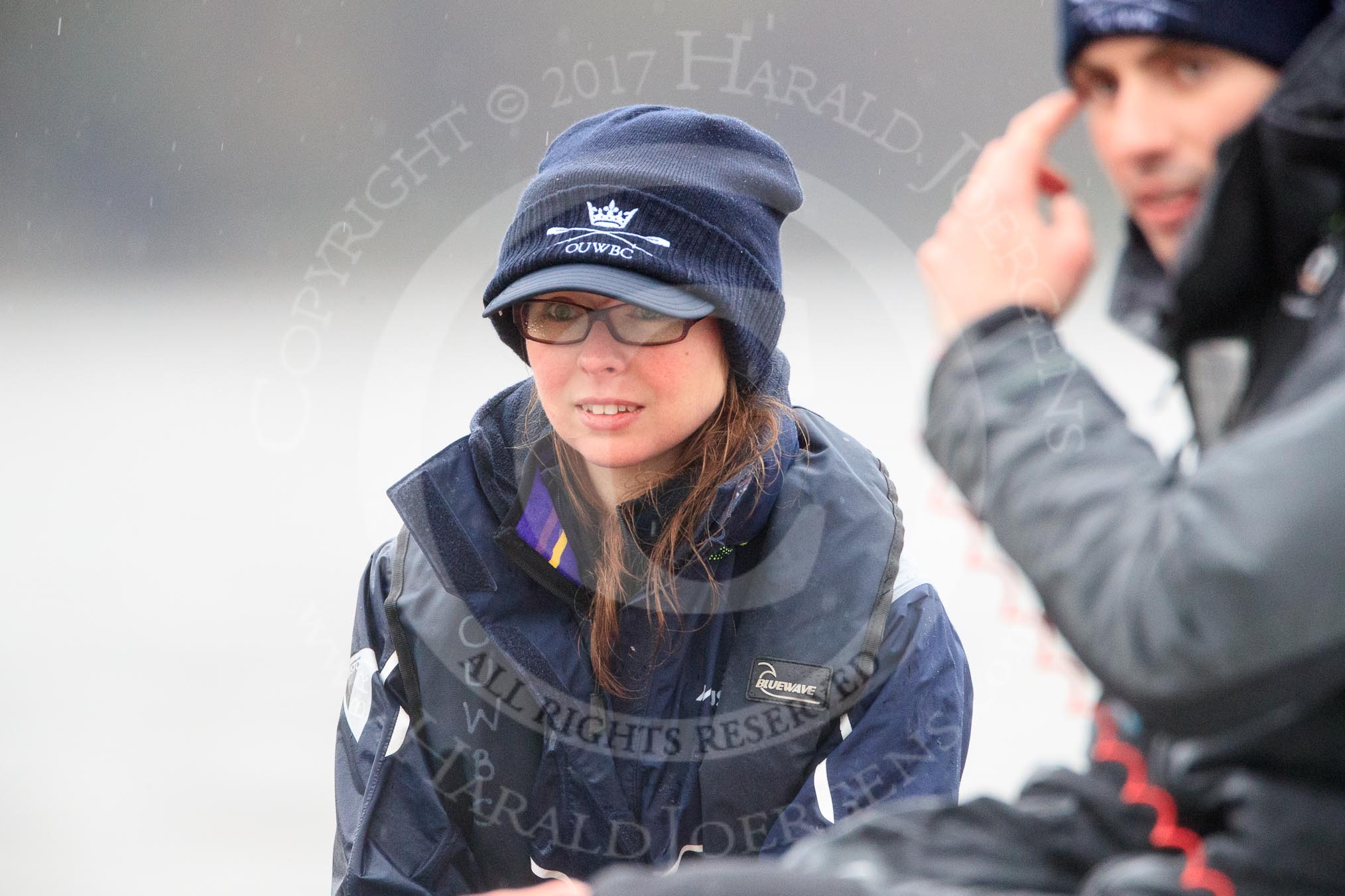 The Boat Race season 2018 - Women's Boat Race Trial Eights (OUWBC, Oxford): An OUWBC lady I can't identify, in the tin boat after the race.
River Thames between Putney Bridge and Mortlake,
London SW15,

United Kingdom,
on 21 January 2018 at 14:49, image #191