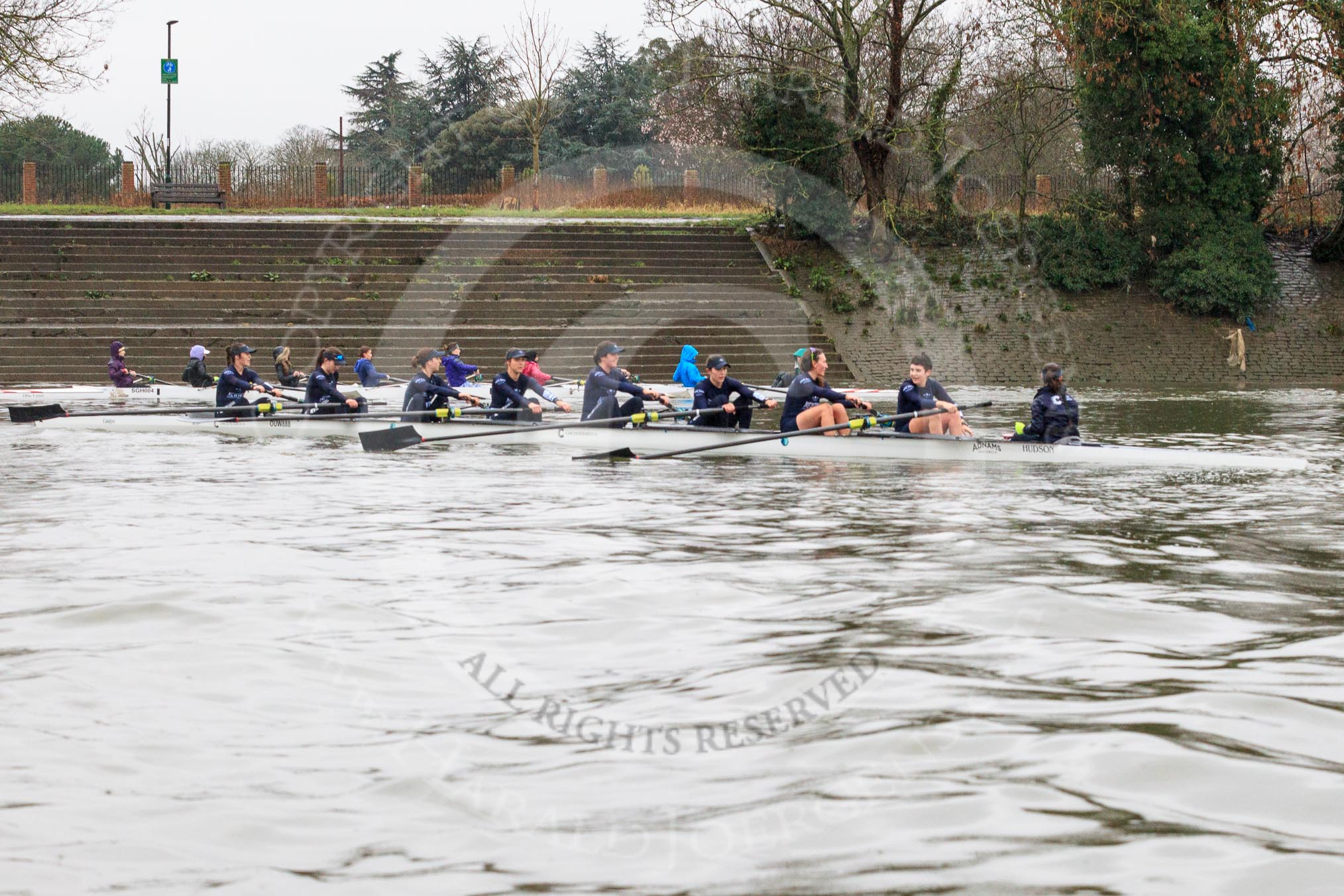 The Boat Race season 2018 - Women's Boat Race Trial Eights (OUWBC, Oxford): "Great Typhoon" and "Coursing River" after the race, on the way back to the Putney boat houses.
River Thames between Putney Bridge and Mortlake,
London SW15,

United Kingdom,
on 21 January 2018 at 14:49, image #195