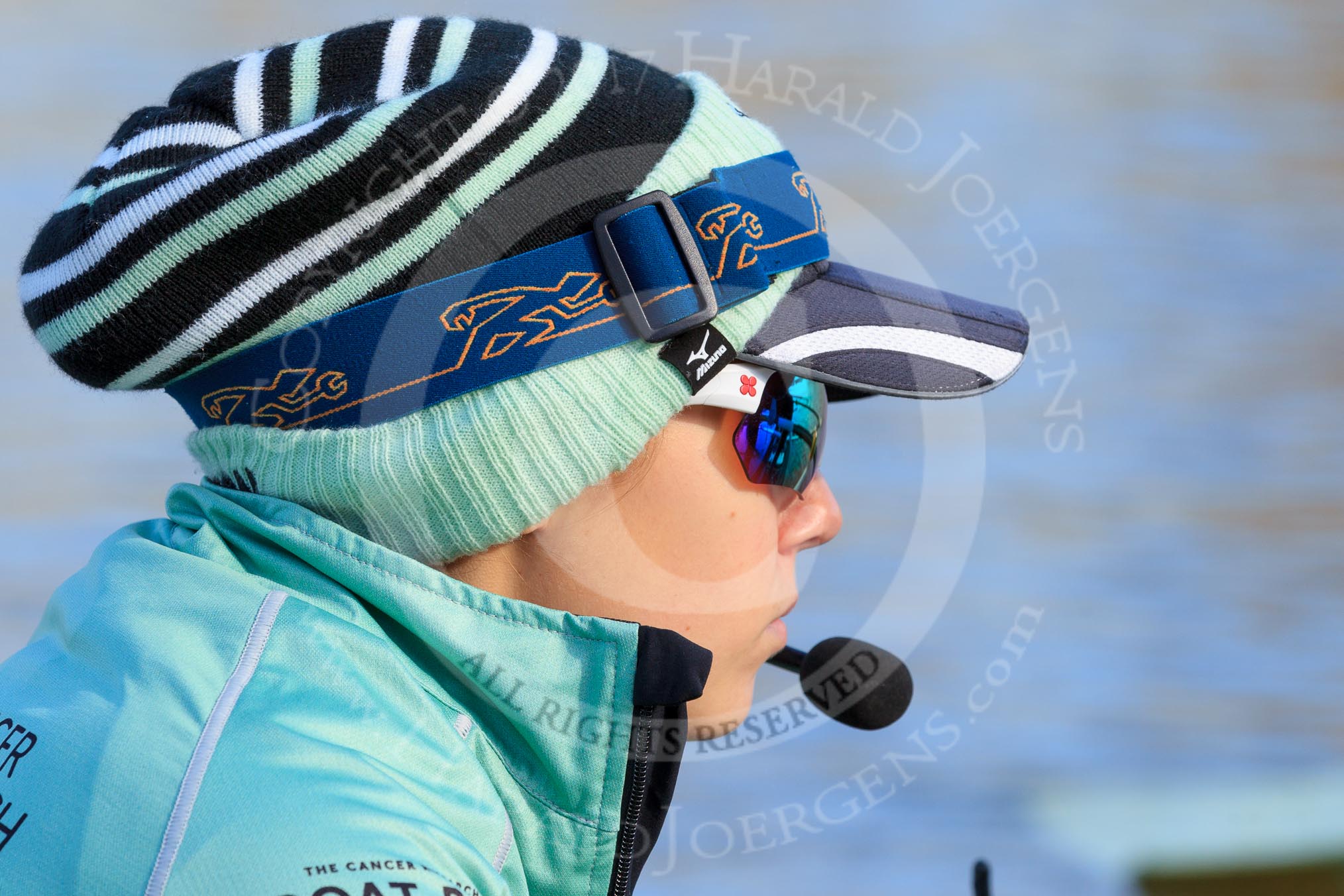 The Women's Boat Race season 2018 - fixture CUWBC vs. ULBC: Close-up profile shot of Cambridge cox Sophie Shapter.
River Thames between Putney Bridge and Mortlake,
London SW15,

United Kingdom,
on 17 February 2018 at 12:30, image #9