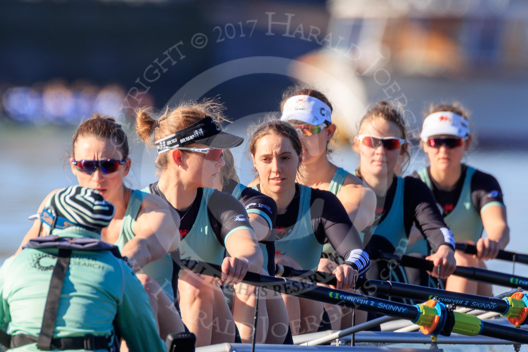 The Women's Boat Race season 2018 - fixture CUWBC vs. ULBC: Waiting for the race to be started - CUWBC with cox Sophie Shapter, stroke Tricia Smith, 7 Imogen Grant, 6 Anne Beenken, 5 Thea Zabell, 4 Paula Wesselmann, 3 Alice White, 2 Myriam Goudet-Boukhatmi, bow Olivia Coffey.
River Thames between Putney Bridge and Mortlake,
London SW15,

United Kingdom,
on 17 February 2018 at 13:09, image #36