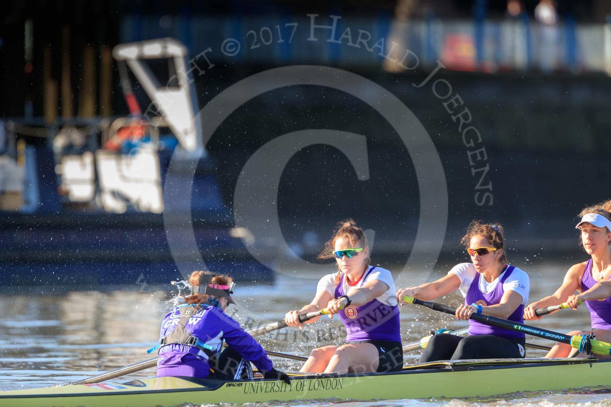 The Women's Boat Race season 2018 - fixture CUWBC vs. ULBC: The race has been started - ULBC with cox Lauren Holland, stroke Issy Powel, 7 Jordan Cole-Huissan, 6 Oonagh Cousins.
River Thames between Putney Bridge and Mortlake,
London SW15,

United Kingdom,
on 17 February 2018 at 13:09, image #42