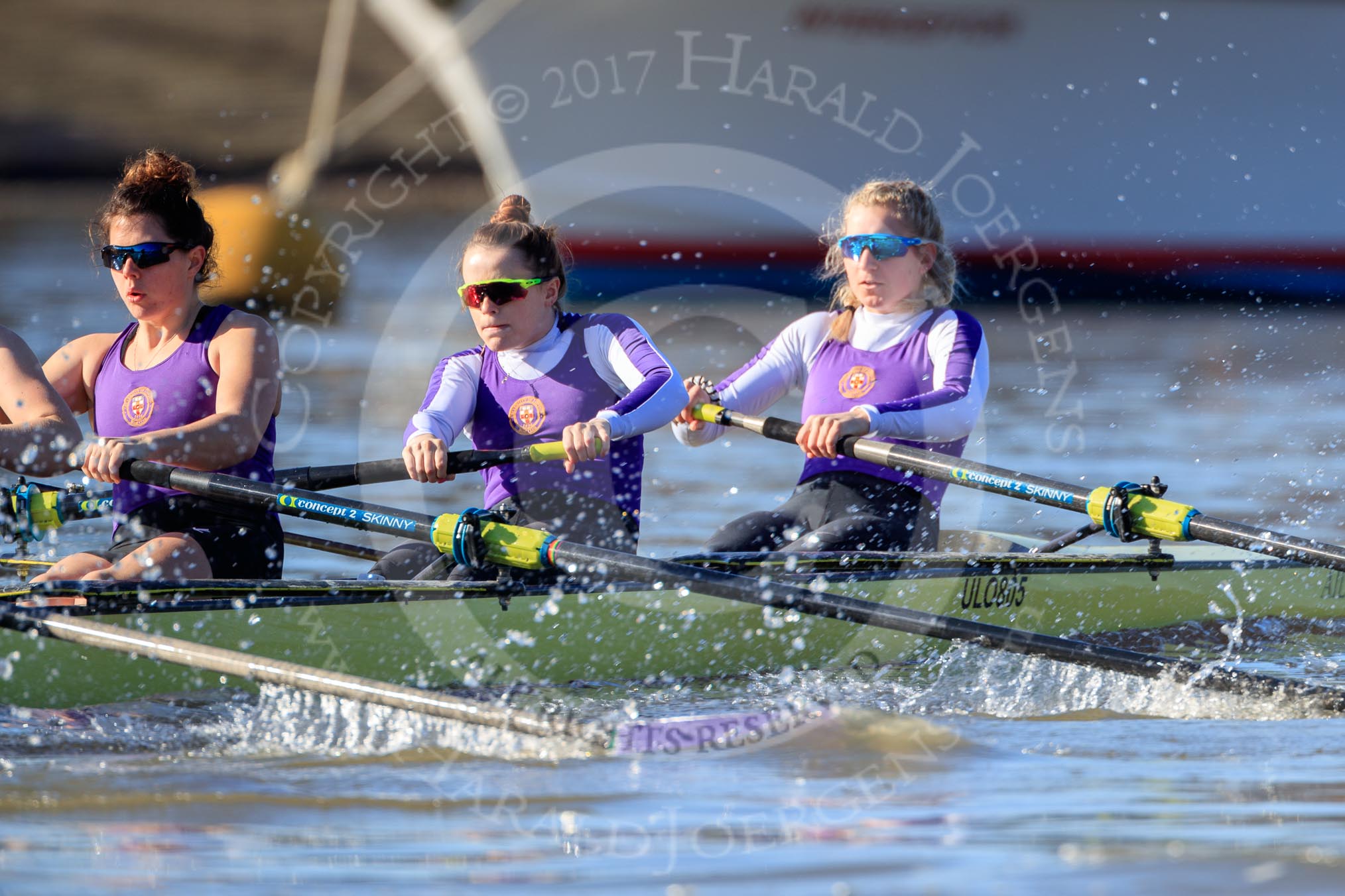 The Women's Boat Race season 2018 - fixture CUWBC vs. ULBC: ULBC near the boat houses, here 3 Fionnuala Gannon, 2 Robyn Hart-Winks, bow Ally French.
River Thames between Putney Bridge and Mortlake,
London SW15,

United Kingdom,
on 17 February 2018 at 13:09, image #49