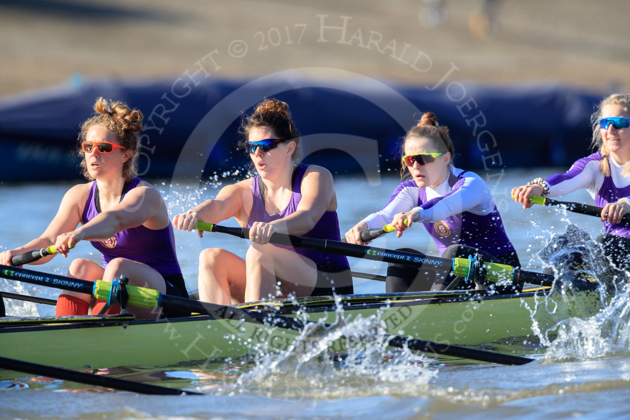 The Women's Boat Race season 2018 - fixture CUWBC vs. ULBC: ULBC working hard to catch up, here 4 Katherine Barnhill, 3 Fionnuala Gannon, 2 Robyn Hart-Winks, bow Ally French.
River Thames between Putney Bridge and Mortlake,
London SW15,

United Kingdom,
on 17 February 2018 at 13:10, image #55