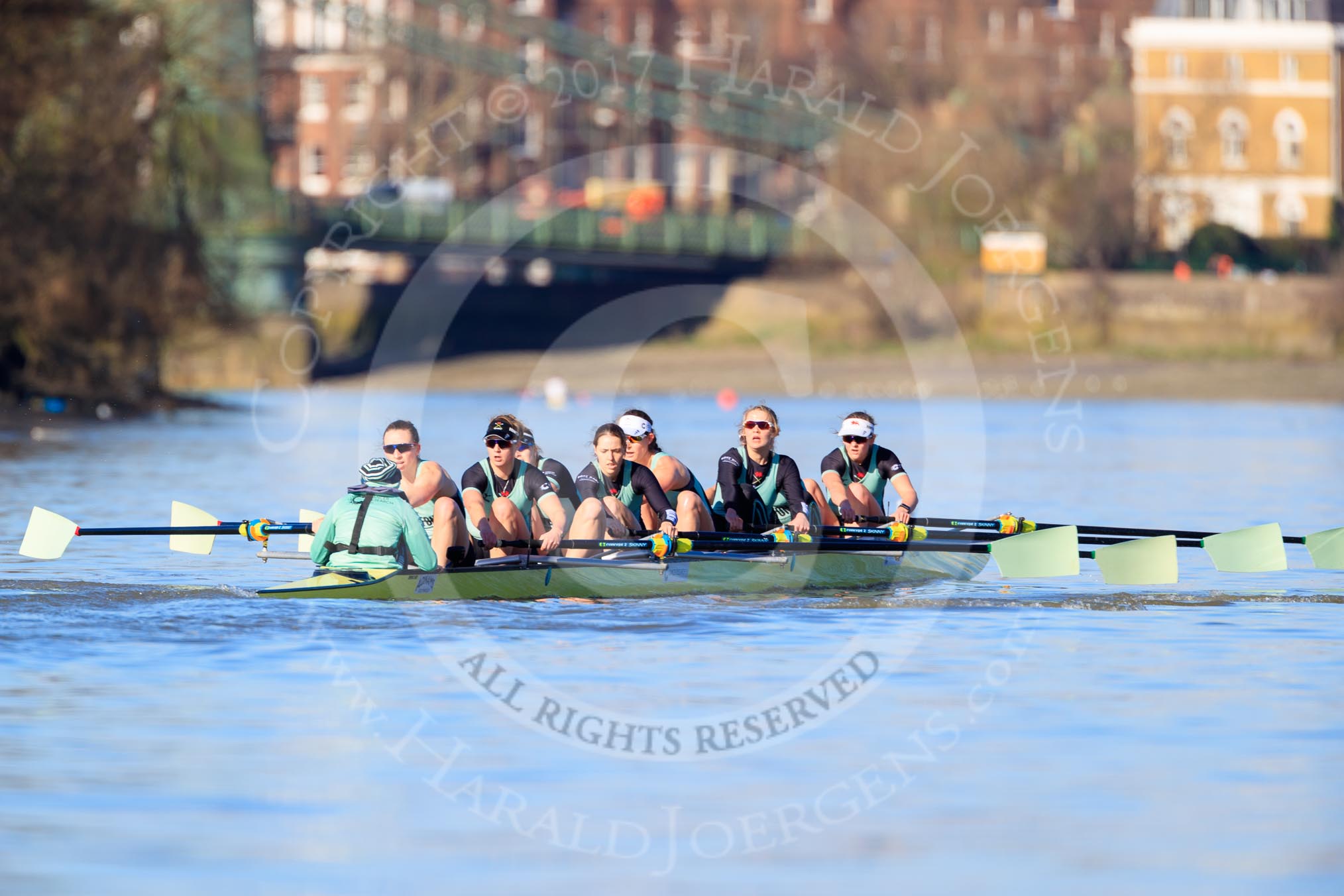 The Women's Boat Race season 2018 - fixture CUWBC vs. ULBC: The CUWBC Eight in the lead near Harrords Depository, approaching Hammersmith Bridge - cox Sophie Shapter, stroke Tricia Smith, 7 Imogen Grant, 6 Anne Beenken, 5 Thea Zabell, 4 Paula Wesselmann, 3 Alice White, 2 Myriam Goudet-Boukhatmi, bow Olivia Coffey.
River Thames between Putney Bridge and Mortlake,
London SW15,

United Kingdom,
on 17 February 2018 at 13:14, image #80