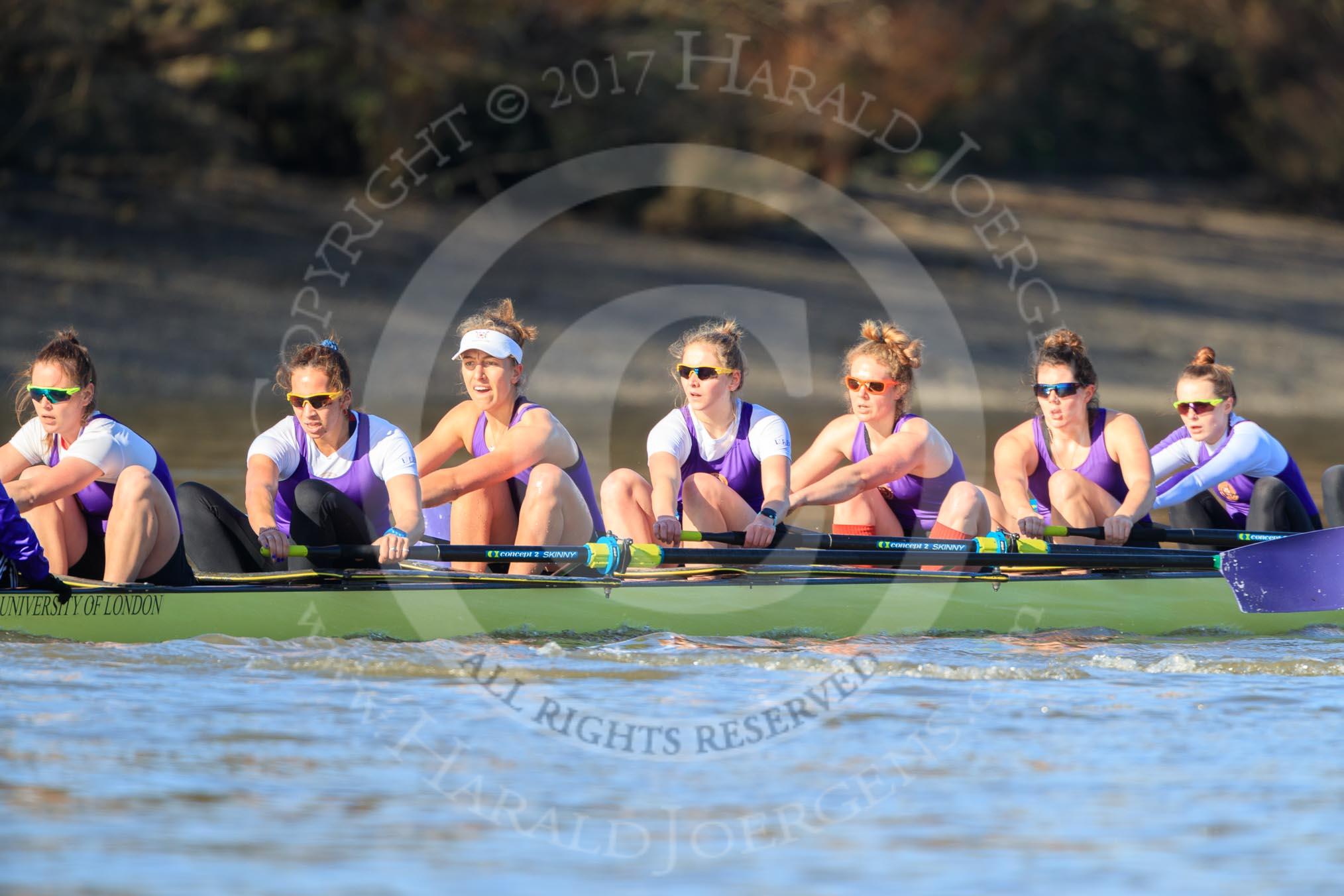 The Women's Boat Race season 2018 - fixture CUWBC vs. ULBC: The ULBC Eight, here stroke Issy Powel, 7 Jordan Cole-Huissan, 6 Oonagh Cousins, 5 Hannah Roberts, 4 Katherine Barnhill, 3 Fionnuala Gannon, 2 Robyn Hart-Winks.
River Thames between Putney Bridge and Mortlake,
London SW15,

United Kingdom,
on 17 February 2018 at 13:14, image #81