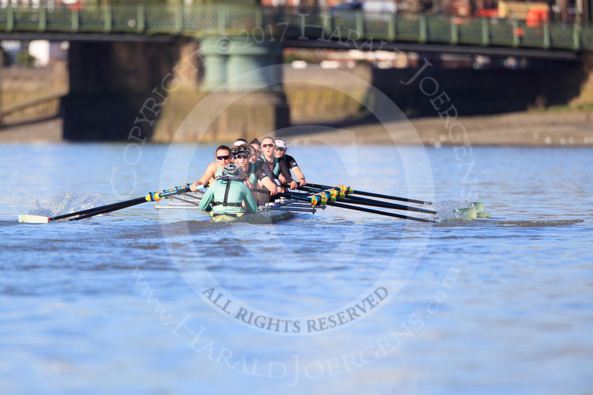 The Women's Boat Race season 2018 - fixture CUWBC vs. ULBC: The CUWBC Eight near Hammersmith Bridge - cox Sophie Shapter, stroke Tricia Smith, 7 Imogen Grant, 6 Anne Beenken, 5 Thea Zabell, 4 Paula Wesselmann, 3 Alice White, 2 Myriam Goudet-Boukhatmi, bow Olivia Coffey.
River Thames between Putney Bridge and Mortlake,
London SW15,

United Kingdom,
on 17 February 2018 at 13:15, image #86