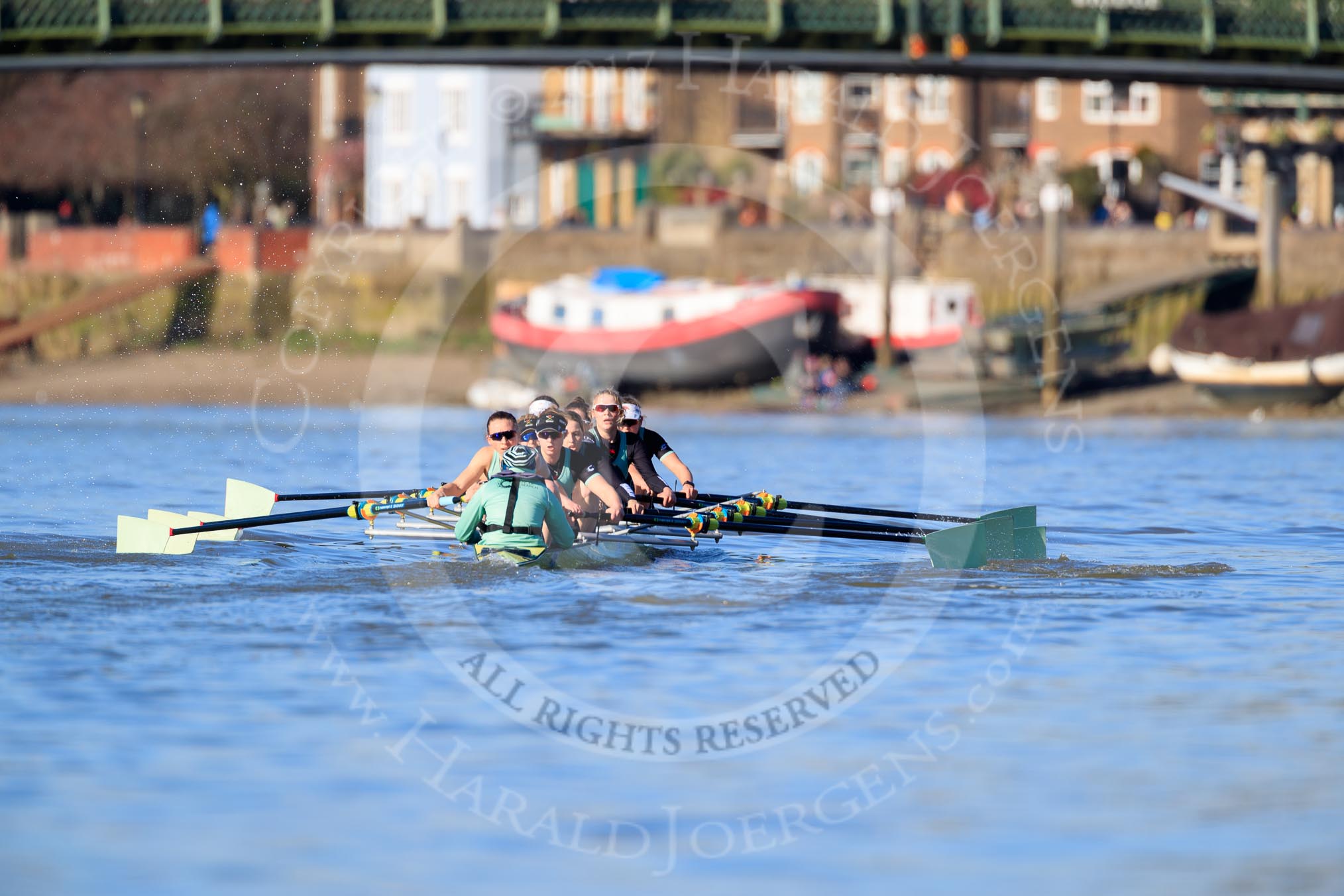 The Women's Boat Race season 2018 - fixture CUWBC vs. ULBC: The CUWBC Eight near Hammersmith Bridge - cox Sophie Shapter, stroke Tricia Smith, 7 Imogen Grant, 6 Anne Beenken, 5 Thea Zabell, 4 Paula Wesselmann, 3 Alice White, 2 Myriam Goudet-Boukhatmi, bow Olivia Coffey.
River Thames between Putney Bridge and Mortlake,
London SW15,

United Kingdom,
on 17 February 2018 at 13:16, image #87