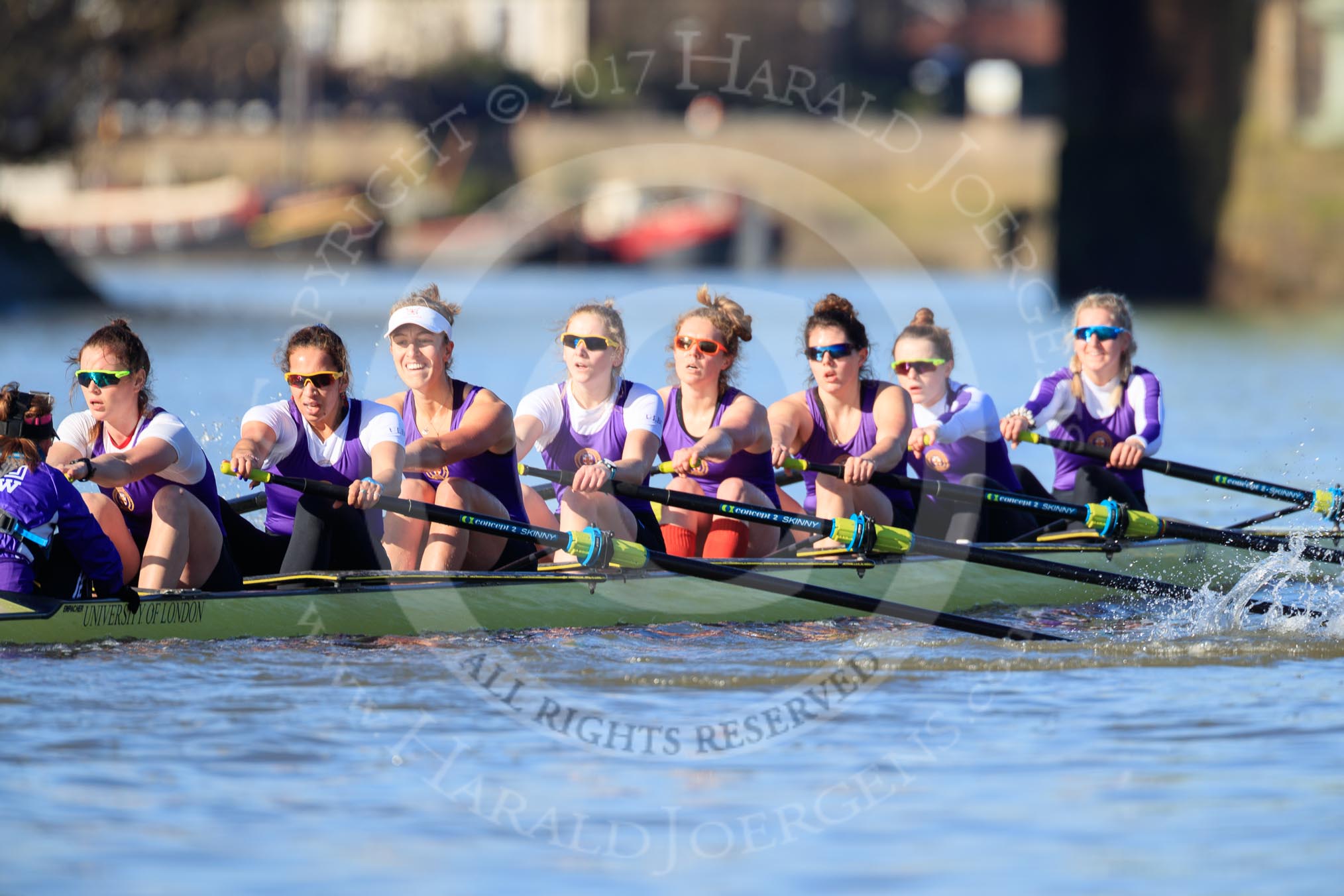 The Women's Boat Race season 2018 - fixture CUWBC vs. ULBC: The ULBC Eight near Hammersmith Bridge - cox Lauren Holland, stroke Issy Powel, 7 Jordan Cole-Huissan, 6 Oonagh Cousins, 5 Hannah Roberts, 4 Katherine Barnhill, 3 Fionnuala Gannon, 2 Robyn Hart-Winks, bow Ally French.
River Thames between Putney Bridge and Mortlake,
London SW15,

United Kingdom,
on 17 February 2018 at 13:16, image #88