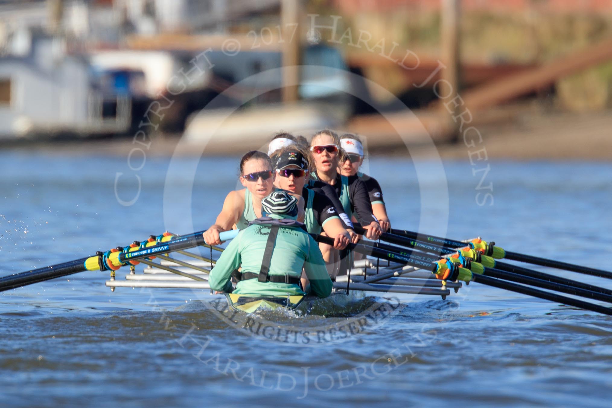 The Women's Boat Race season 2018 - fixture CUWBC vs. ULBC: The CUWBC Eight near Hammersmith Bridge - cox Sophie Shapter, stroke Tricia Smith, 7 Imogen Grant, 6 Anne Beenken, 5 Thea Zabell, 4 Paula Wesselmann, 3 Alice White, 2 Myriam Goudet-Boukhatmi, bow Olivia Coffey.
River Thames between Putney Bridge and Mortlake,
London SW15,

United Kingdom,
on 17 February 2018 at 13:16, image #89