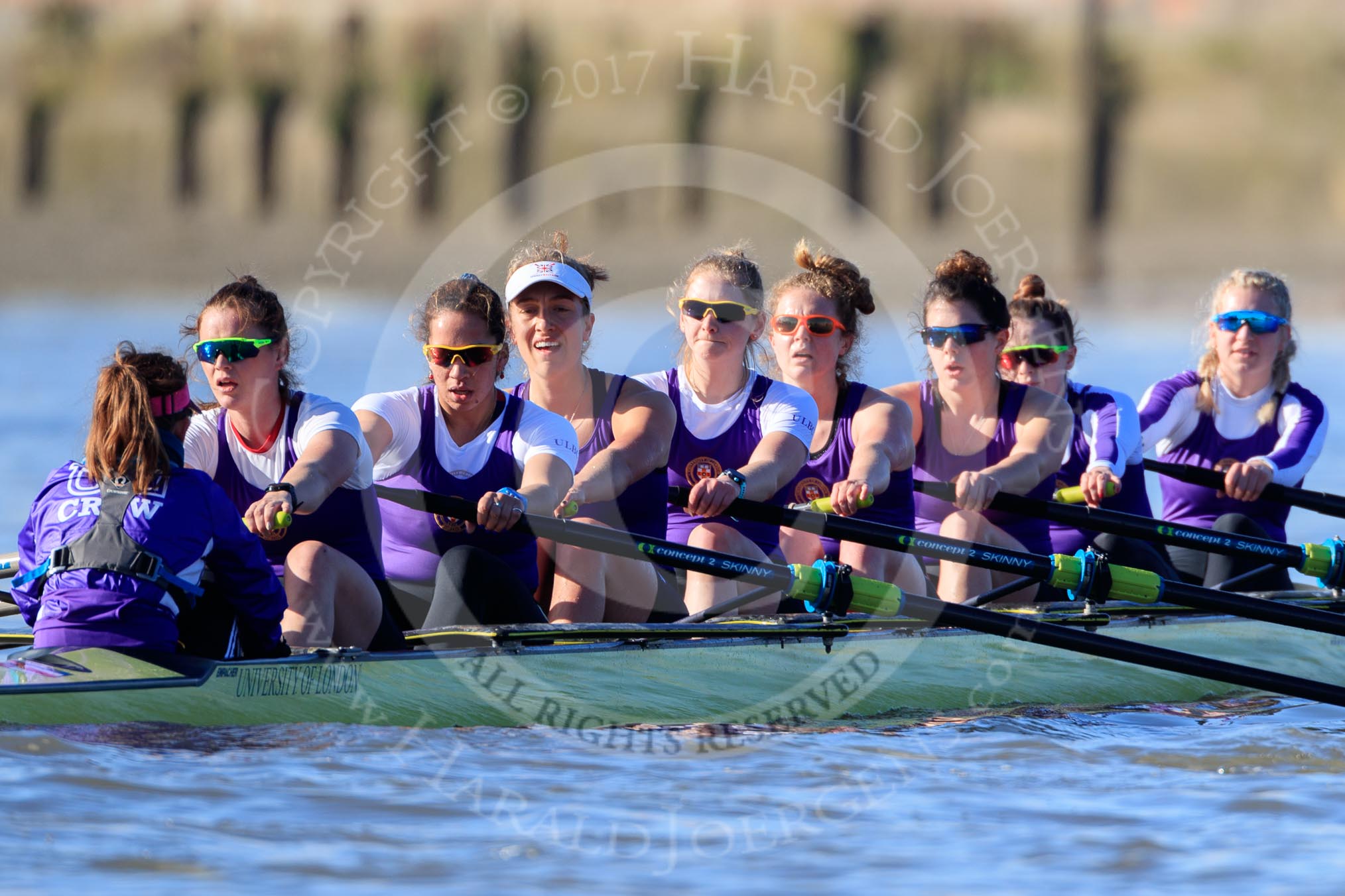 The Women's Boat Race season 2018 - fixture CUWBC vs. ULBC: The ULBC Eight near Hammersmith Bridge - cox Lauren Holland, stroke Issy Powel, 7 Jordan Cole-Huissan, 6 Oonagh Cousins, 5 Hannah Roberts, 4 Katherine Barnhill, 3 Fionnuala Gannon, 2 Robyn Hart-Winks, bow Ally French.
River Thames between Putney Bridge and Mortlake,
London SW15,

United Kingdom,
on 17 February 2018 at 13:18, image #94