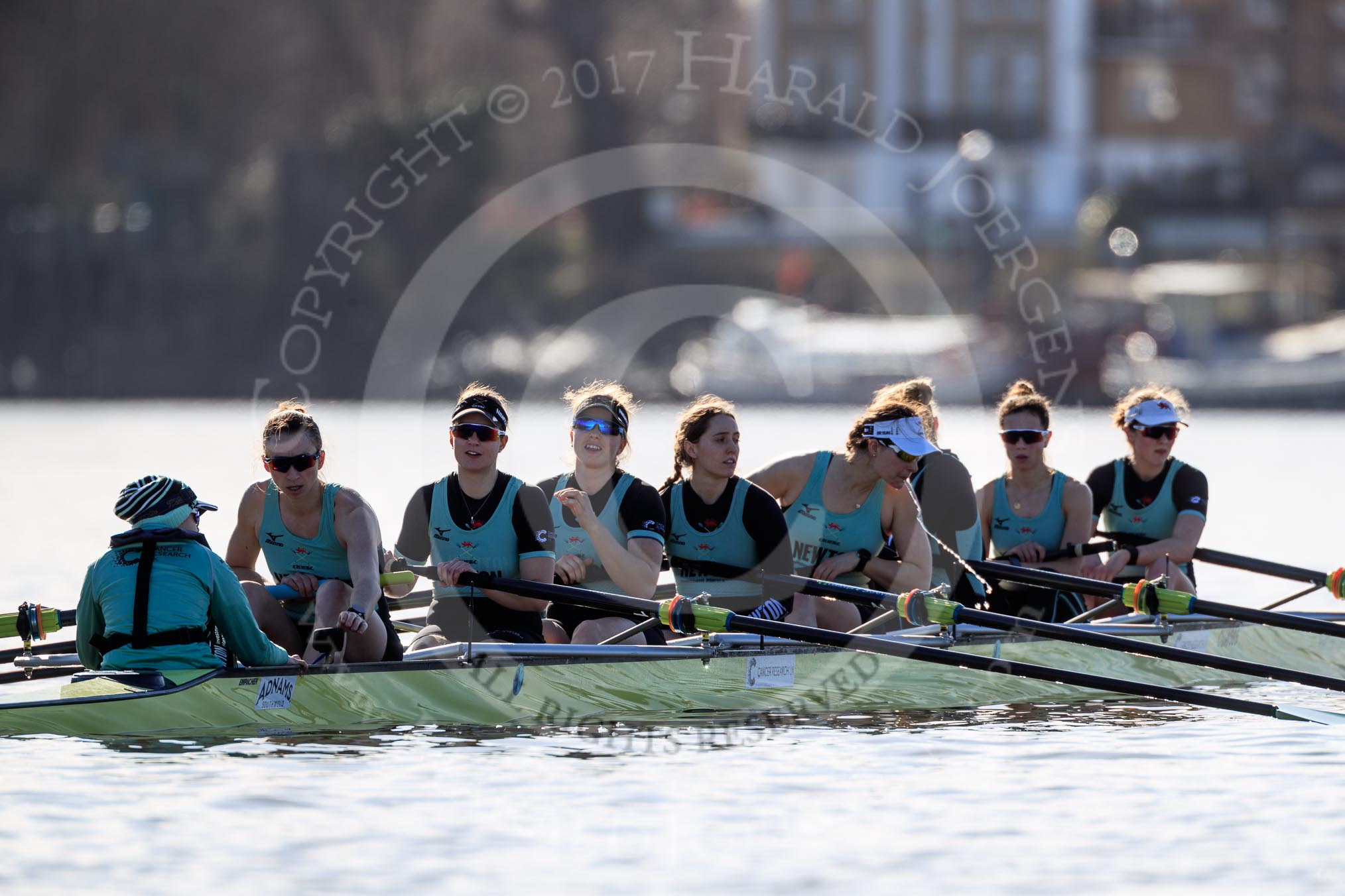 The Women's Boat Race season 2018 - fixture CUWBC vs. ULBC: The CUWBC Eight after winning the first part of the race at Hammersmith Bridge - cox Sophie Shapter, stroke Tricia Smith, 7 Imogen Grant, 6 Anne Beenken, 5 Thea Zabell, 4 Paula Wesselmann, 3 Alice White, 2 Myriam Goudet-Boukhatmi, bow Olivia Coffey.
River Thames between Putney Bridge and Mortlake,
London SW15,

United Kingdom,
on 17 February 2018 at 13:26, image #102