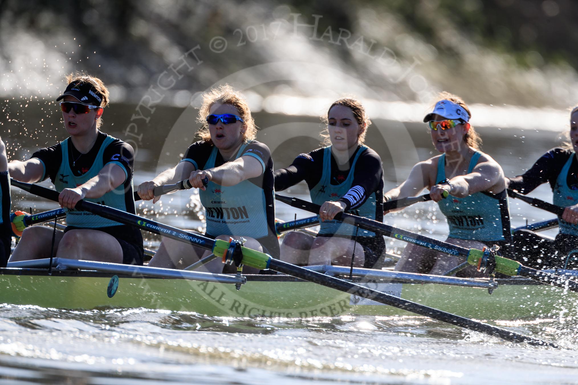 The Women's Boat Race season 2018 - fixture CUWBC vs. ULBC: The OUWBC Eight, here 7 Imogen Grant, 6 Anne Beenken, 5 Thea Zabell, 4 Paula Wesselmann.
River Thames between Putney Bridge and Mortlake,
London SW15,

United Kingdom,
on 17 February 2018 at 13:27, image #111