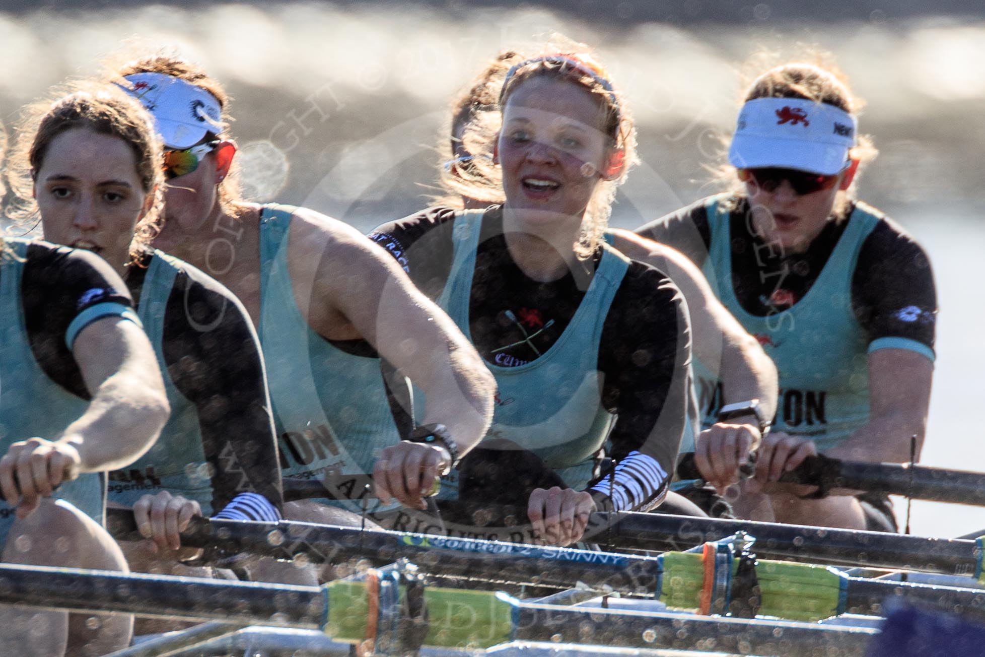 The Women's Boat Race season 2018 - fixture CUWBC vs. ULBC: The CUWBC Eight - here 5 Thea Zabell, 4 Paula Wesselmann, 3 Alice White, 2 Myriam Goudet-Boukhatmi, bow Olivia Coffey.
River Thames between Putney Bridge and Mortlake,
London SW15,

United Kingdom,
on 17 February 2018 at 13:30, image #137