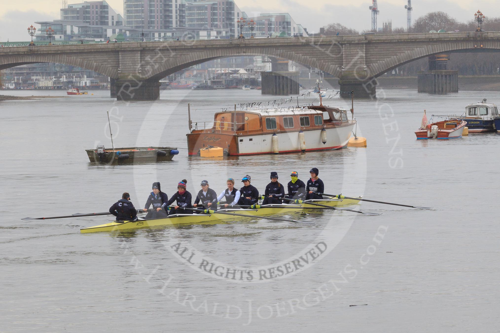 The Women's Boat Race season 2018 - fixture OUWBC vs. Molesey BC: OUWBC, before the race, on the way to Putney Bridge: Cox Jessica Buck, stroke Beth Bridgman, 7 Abigail Killen, 6 Sara Kushma, 5 Morgan McGovern, 4 Alice Roberts, 3 Juliette Perry, 2 Katherine Erickson, bow Renée Koolschijn.
River Thames between Putney Bridge and Mortlake,
London SW15,

United Kingdom,
on 04 March 2018 at 13:06, image #9