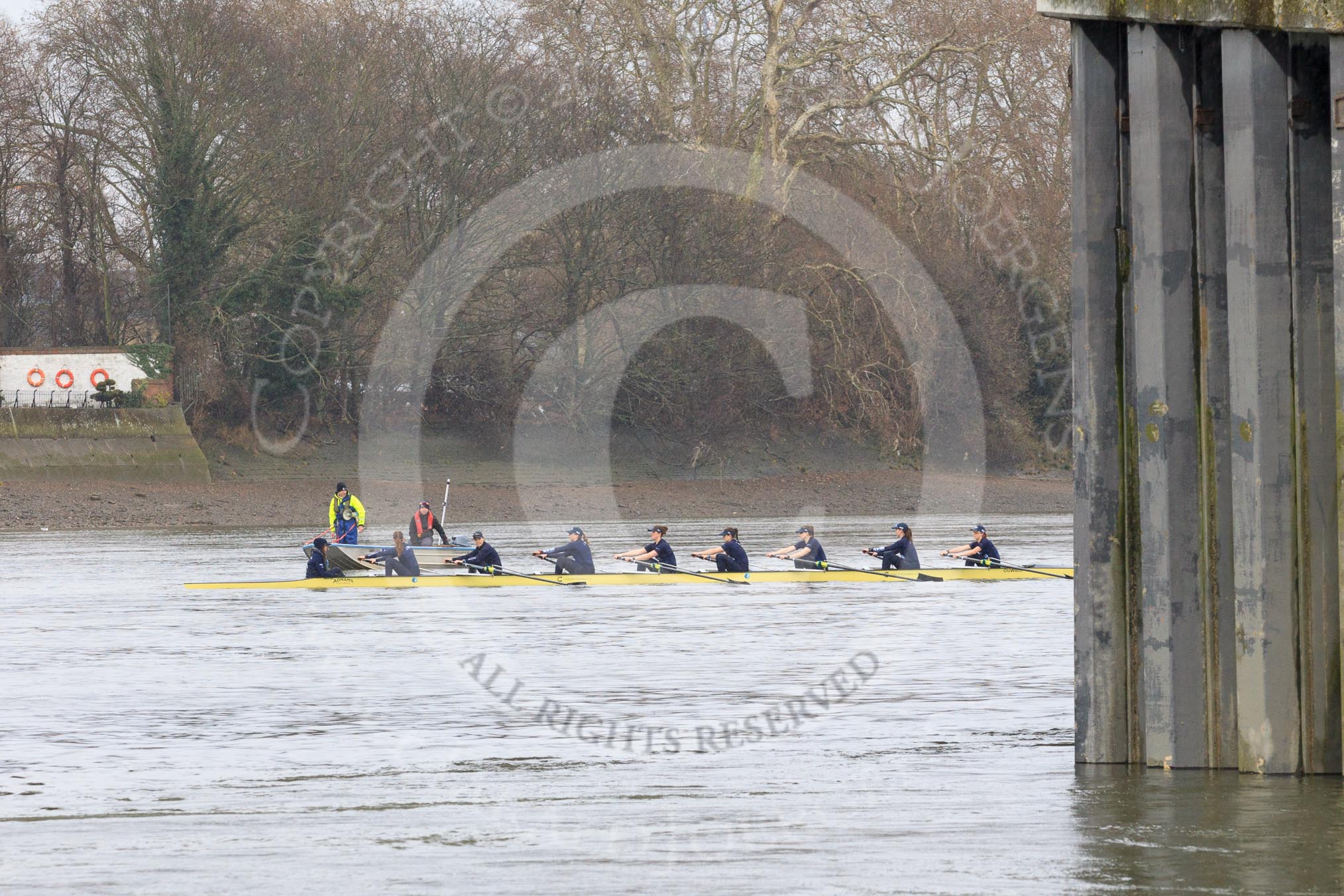 The Women's Boat Race season 2018 - fixture OUWBC vs. Molesey BC: OUWBC before the race, at Putney Bridge: Cox Jessica Buck, stroke Beth Bridgman, 7 Abigail Killen, 6 Sara Kushma, 5 Morgan McGovern, 4 Alice Roberts, 3 Juliette Perry, 2 Katherine Erickson, bow Renée Koolschijn.
River Thames between Putney Bridge and Mortlake,
London SW15,

United Kingdom,
on 04 March 2018 at 13:26, image #31