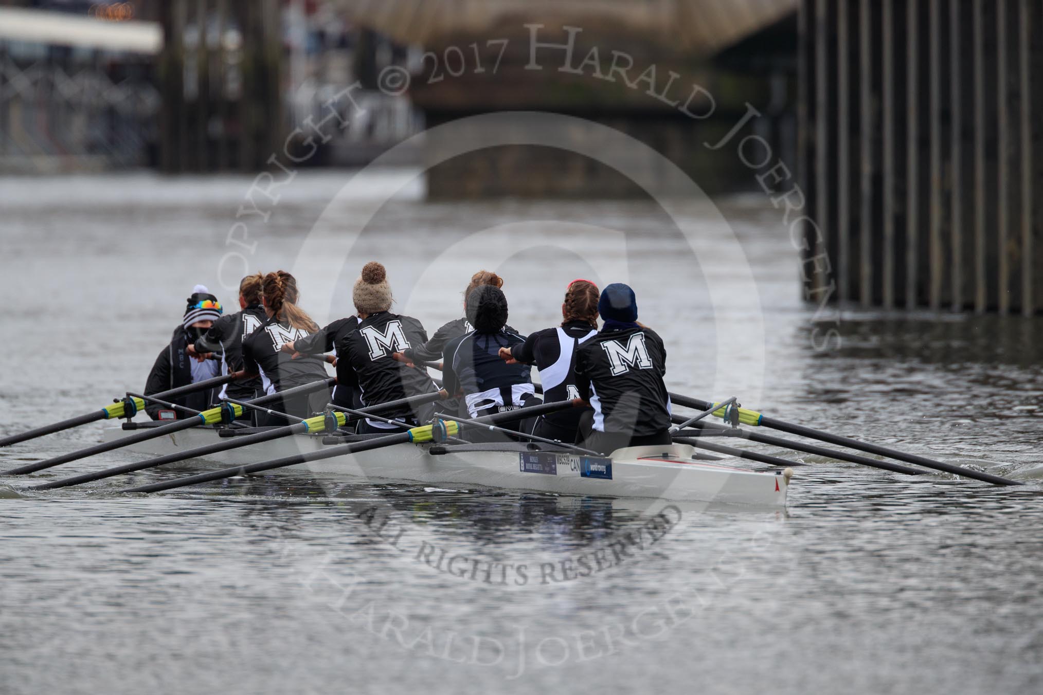 The Women's Boat Race season 2018 - fixture OUWBC vs. Molesey BC: Molesey, before the race, and in the rain: Cox Ella Taylor, stroke Katie Bartlett, 7 Emma McDonald, 6 Molly Harding, 5 Ruth Whyman, 4 Claire McKeown, 3 Gabby Rodriguez, 2 Lucy Primmer, bow Emma Boyns.
River Thames between Putney Bridge and Mortlake,
London SW15,

United Kingdom,
on 04 March 2018 at 13:33, image #32