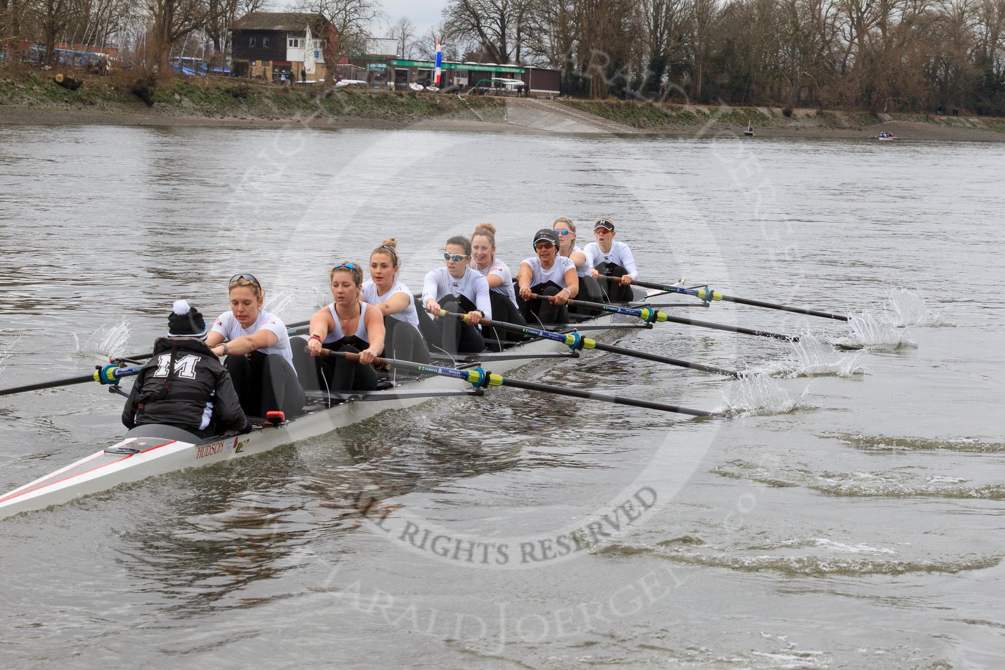 The Women's Boat Race season 2018 - fixture OUWBC vs. Molesey BC: Molesey falling a bit behind: Cox Ella Taylor, stroke Katie Bartlett, 7 Emma McDonald, 6 Molly Harding, 5 Ruth Whyman, 4 Claire McKeown, 3 Gabby Rodriguez, 2 Lucy Primmer, bow Emma Boyns.
River Thames between Putney Bridge and Mortlake,
London SW15,

United Kingdom,
on 04 March 2018 at 13:46, image #60