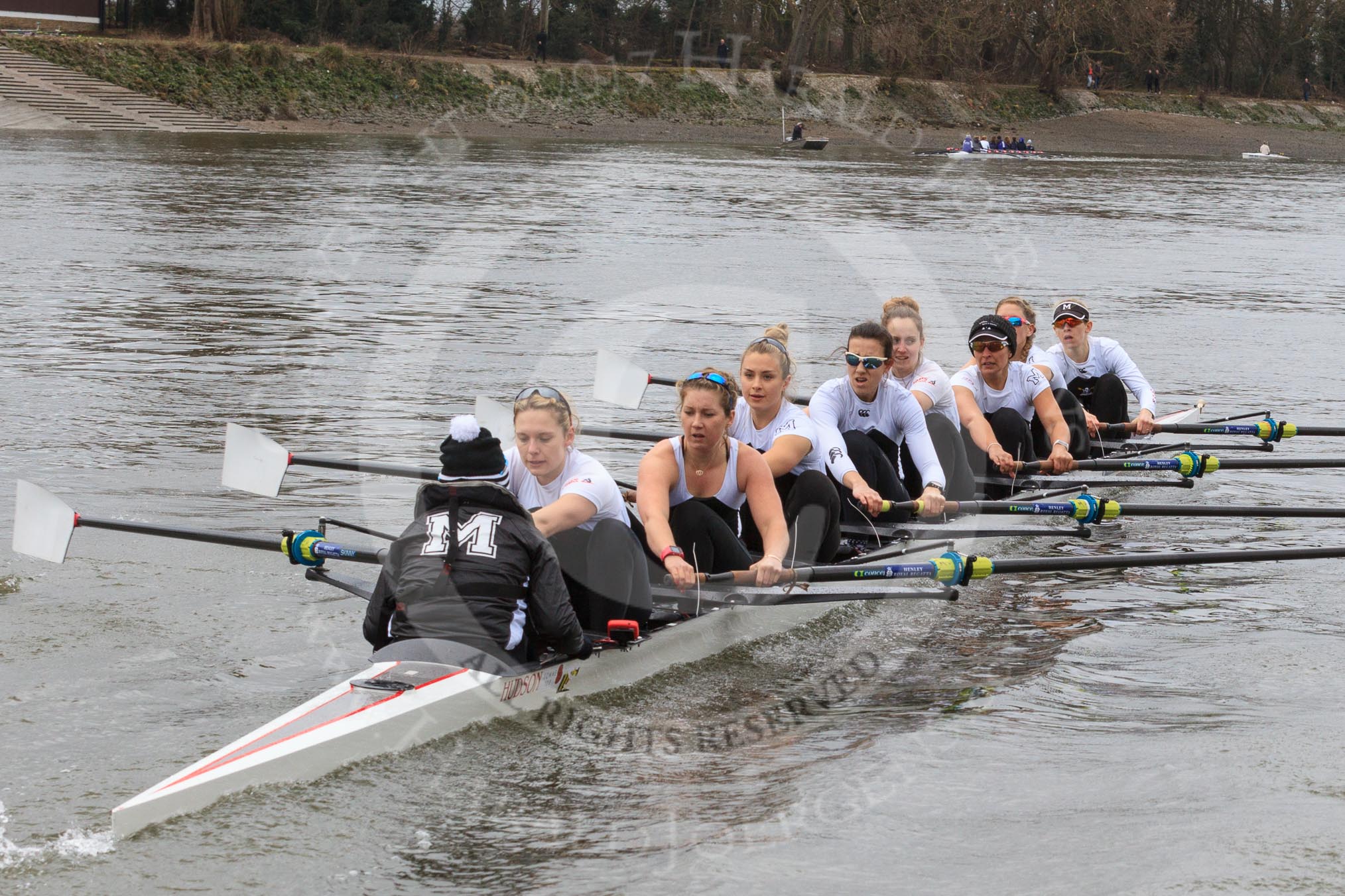 The Women's Boat Race season 2018 - fixture OUWBC vs. Molesey BC: Molesey falling a bit behind: Cox Ella Taylor, stroke Katie Bartlett, 7 Emma McDonald, 6 Molly Harding, 5 Ruth Whyman, 4 Claire McKeown, 3 Gabby Rodriguez, 2 Lucy Primmer, bow Emma Boyns.
River Thames between Putney Bridge and Mortlake,
London SW15,

United Kingdom,
on 04 March 2018 at 13:47, image #62