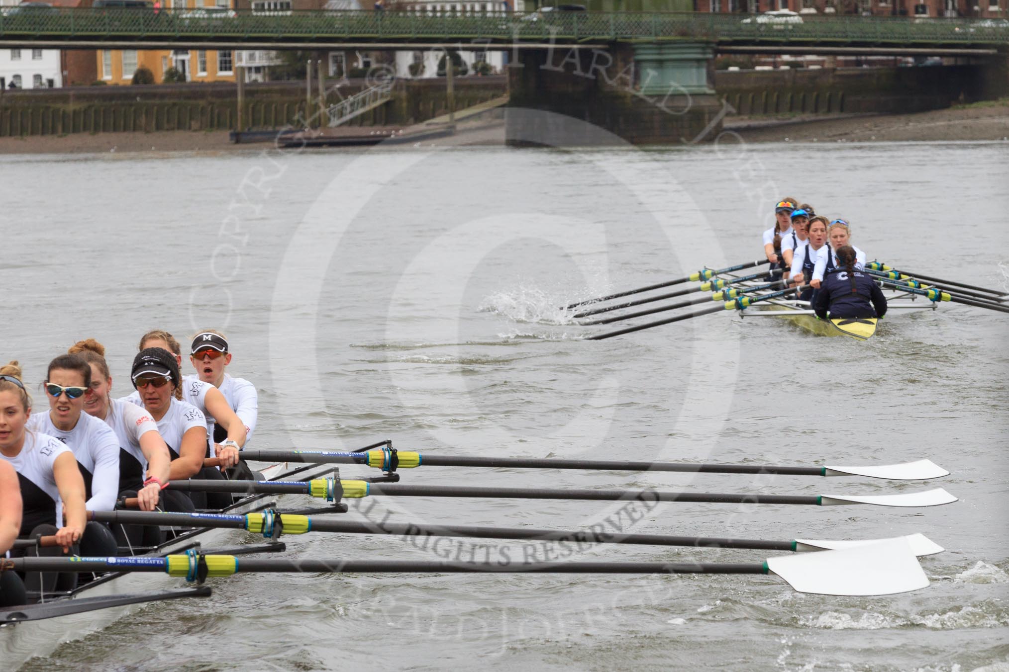 The Women's Boat Race season 2018 - fixture OUWBC vs. Molesey BC: Molesey has fallen behind on the approach to Hammersmith Bridge.
River Thames between Putney Bridge and Mortlake,
London SW15,

United Kingdom,
on 04 March 2018 at 13:50, image #82