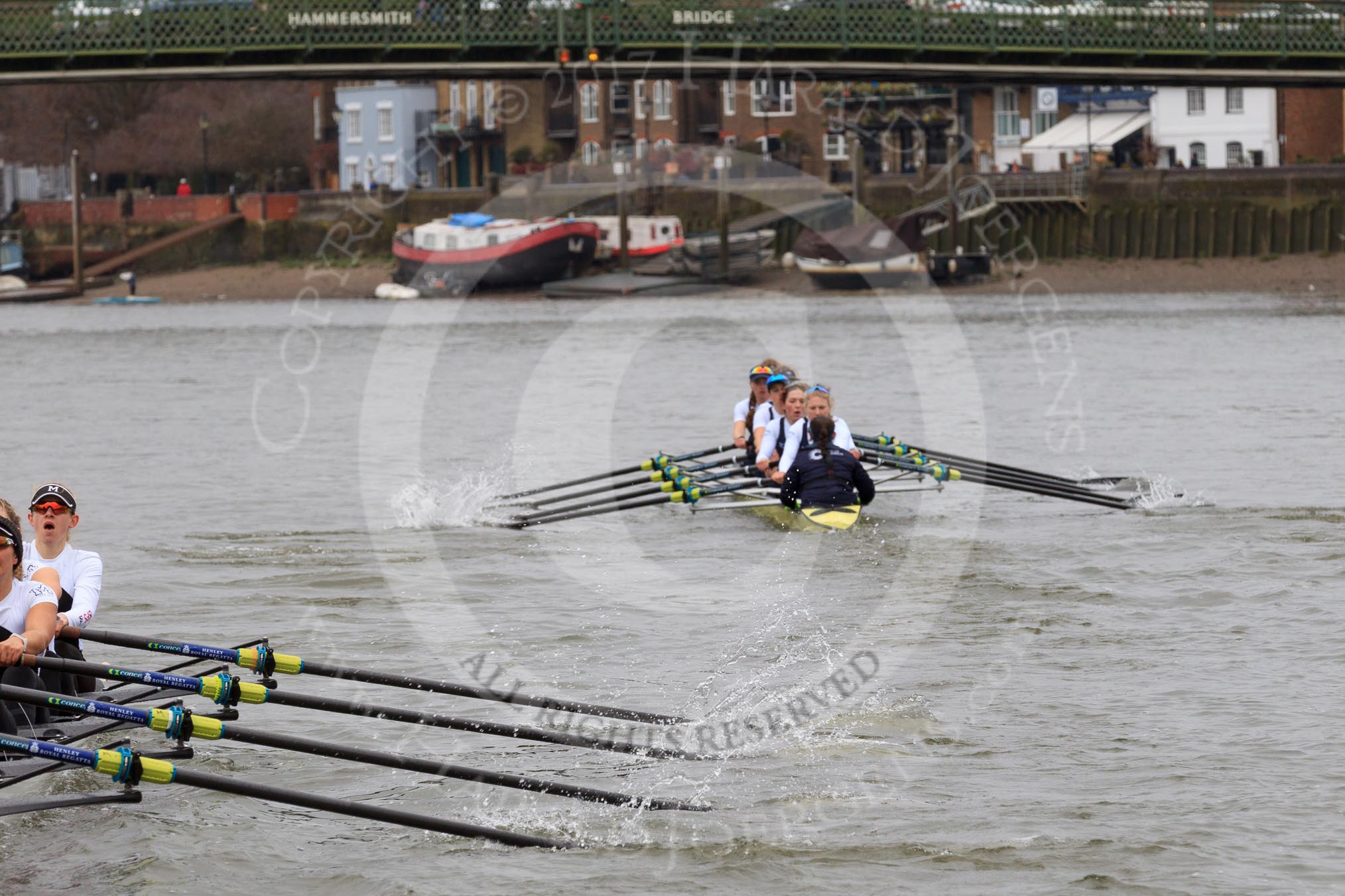 The Women's Boat Race season 2018 - fixture OUWBC vs. Molesey BC: Molesey has fallen behind on the approach to Hammersmith Bridge.
River Thames between Putney Bridge and Mortlake,
London SW15,

United Kingdom,
on 04 March 2018 at 13:51, image #83