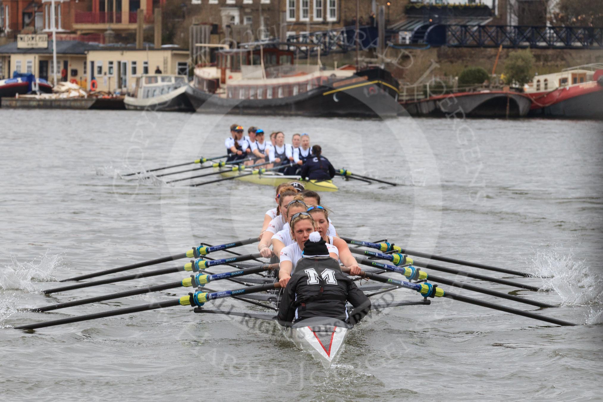 The Women's Boat Race season 2018 - fixture OUWBC vs. Molesey BC: OUWBC are about a length ahead of Molesey after passing Hammersmith Bridge.
River Thames between Putney Bridge and Mortlake,
London SW15,

United Kingdom,
on 04 March 2018 at 13:52, image #86