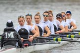 The Women's Boat Race season 2018 - fixture OUWBC vs. Molesey BC: Molesey rowing to the start at Putney Bridge: Cox Ella Taylor, stroke Katie Bartlett, 7 Emma McDonald, 6 Molly Harding, 5 Ruth Whyman, 4 Claire McKeown, 3 Gabby Rodriguez, 2 Lucy Primmer, bow Emma Boyns.
River Thames between Putney Bridge and Mortlake,
London SW15,

United Kingdom,
on 04 March 2018 at 13:43, image #42