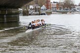 The Women's Boat Race season 2018 - fixture OUWBC vs. Molesey BC: Molesey rowing to the start at Putney Bridge: Cox Ella Taylor, stroke Katie Bartlett, 7 Emma McDonald, 6 Molly Harding, 5 Ruth Whyman, 4 Claire McKeown, 3 Gabby Rodriguez, 2 Lucy Primmer, bow Emma Boyns.
River Thames between Putney Bridge and Mortlake,
London SW15,

United Kingdom,
on 04 March 2018 at 13:43, image #44