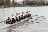 The Women's Boat Race season 2018 - fixture OUWBC vs. Molesey BC: Molesey, here in the first minutes of the race: Cox Ella Taylor, stroke Katie Bartlett, 7 Emma McDonald, 6 Molly Harding, 5 Ruth Whyman, 4 Claire McKeown, 3 Gabby Rodriguez, 2 Lucy Primmer, bow Emma Boyns.
River Thames between Putney Bridge and Mortlake,
London SW15,

United Kingdom,
on 04 March 2018 at 13:46, image #58