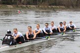 The Women's Boat Race season 2018 - fixture OUWBC vs. Molesey BC: The Molesey boat: Cox Ella Taylor, stroke Katie Bartlett, 7 Emma McDonald, 6 Molly Harding, 5 Ruth Whyman, 4 Claire McKeown, 3 Gabby Rodriguez, 2 Lucy Primmer, bow Emma Boyns.
River Thames between Putney Bridge and Mortlake,
London SW15,

United Kingdom,
on 04 March 2018 at 13:47, image #65