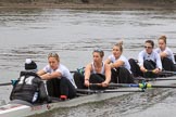 The Women's Boat Race season 2018 - fixture OUWBC vs. Molesey BC: The Molesey boat: Cox Ella Taylor, stroke Katie Bartlett, 7 Emma McDonald, 6 Molly Harding, 5 Ruth Whyman, 4 Claire McKeown.
River Thames between Putney Bridge and Mortlake,
London SW15,

United Kingdom,
on 04 March 2018 at 13:48, image #67