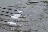 The Women's Boat Race season 2018 - fixture OUWBC vs. Molesey BC: Molesey (on the left) falling behind OUWBC - oars only.
River Thames between Putney Bridge and Mortlake,
London SW15,

United Kingdom,
on 04 March 2018 at 13:50, image #80