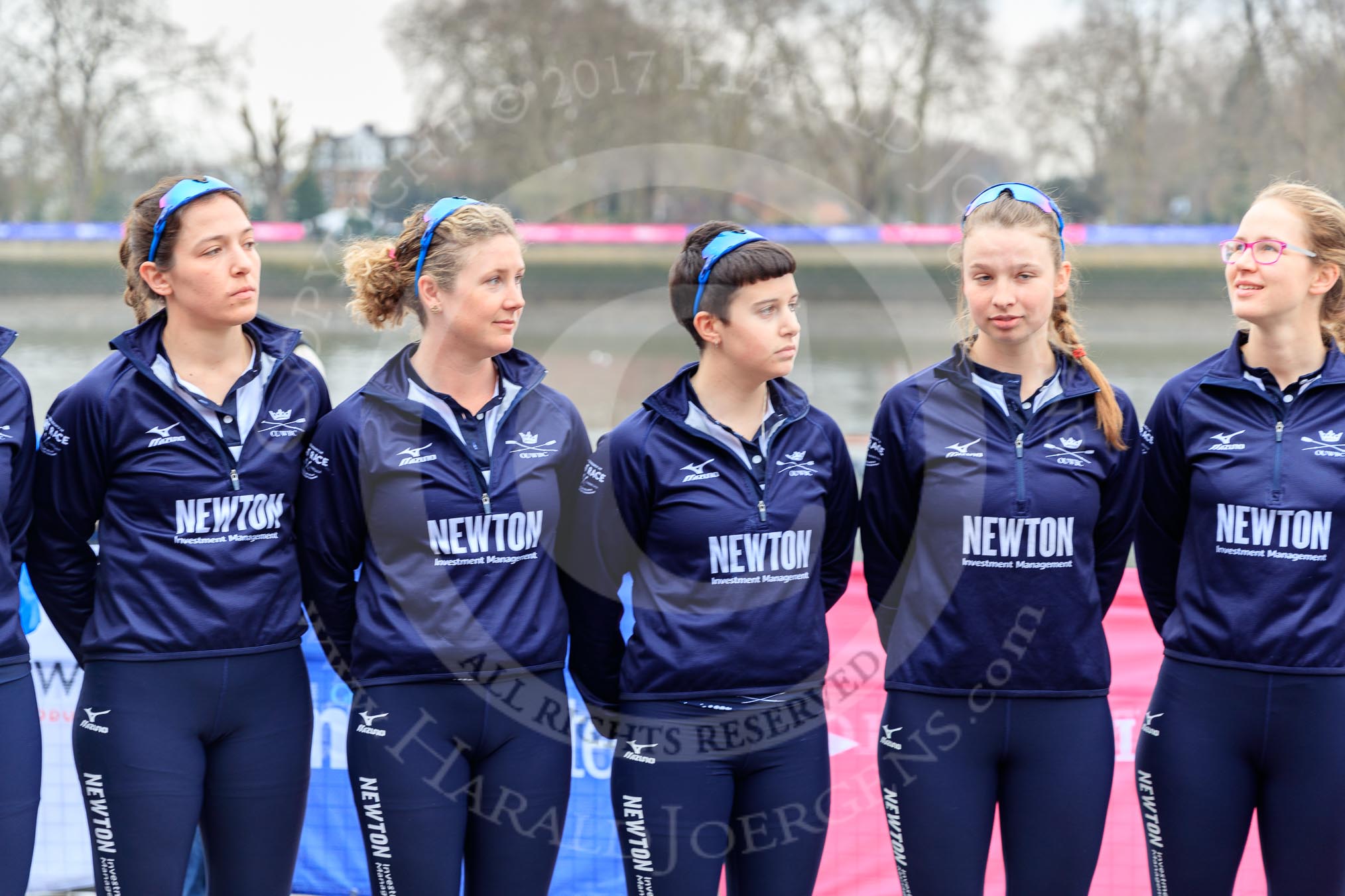 The Cancer Research UK Women's Boat Race 2018: Oxford women at the toss - 6 seat Sara Kushma, 5 Morgan McGovern, 4 Alice Roberts, 3 Juliette Perry, and bow Renée Koolschijn.
River Thames between Putney Bridge and Mortlake,
London SW15,

United Kingdom,
on 24 March 2018 at 14:40, image #32