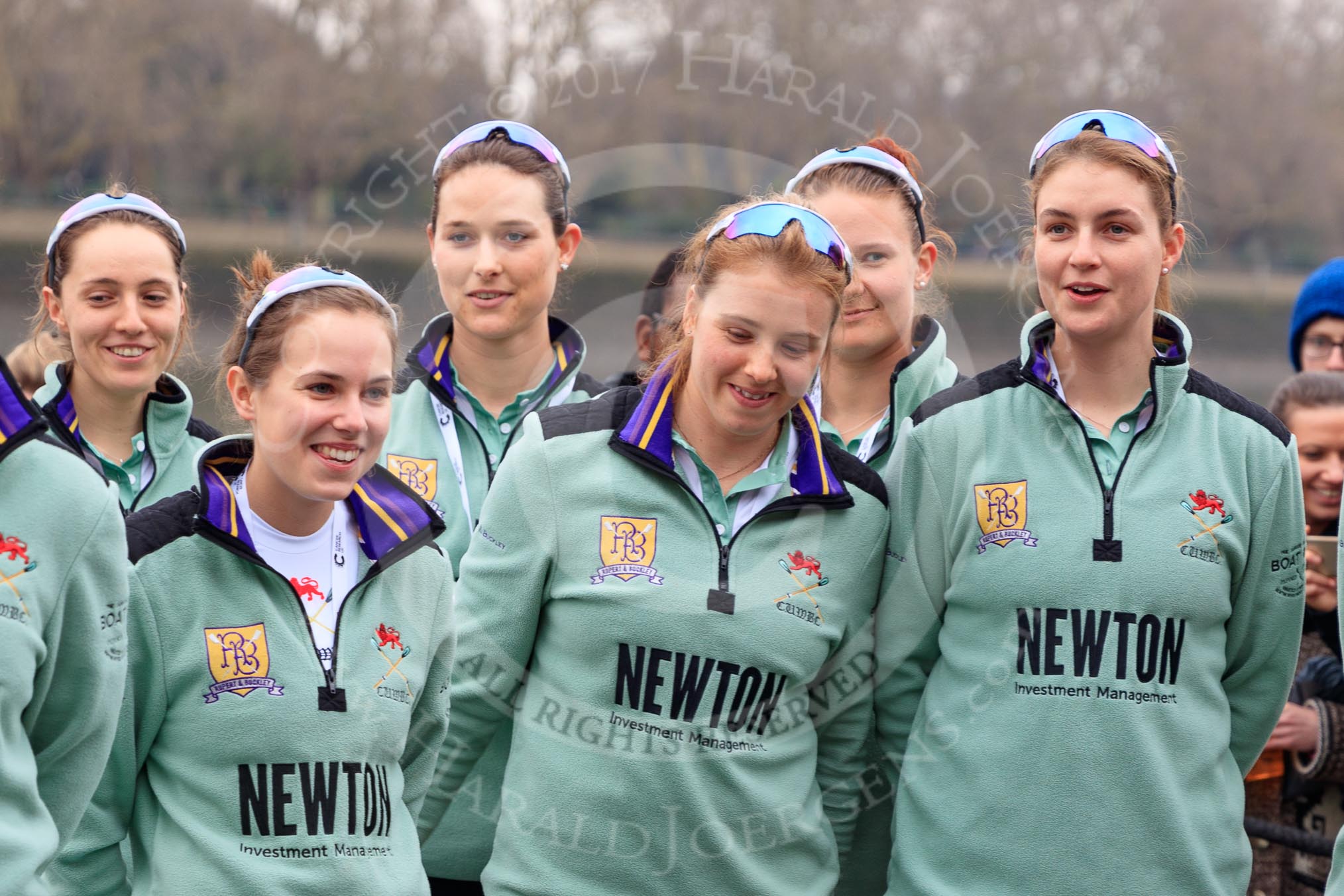 The Cancer Research UK Women's Boat Race 2018: The Cambridge crew with the Women's Boat Race trophy at the toss - cox Sophie Shapter, 6 Alice White, 7 Myriam Goudet-Boukhatmi, and in the second row 2 seat, 3 Kelsey Barolak, 4 Thea Zabell, and 5 Paula Wesselmann.
River Thames between Putney Bridge and Mortlake,
London SW15,

United Kingdom,
on 24 March 2018 at 14:41, image #46