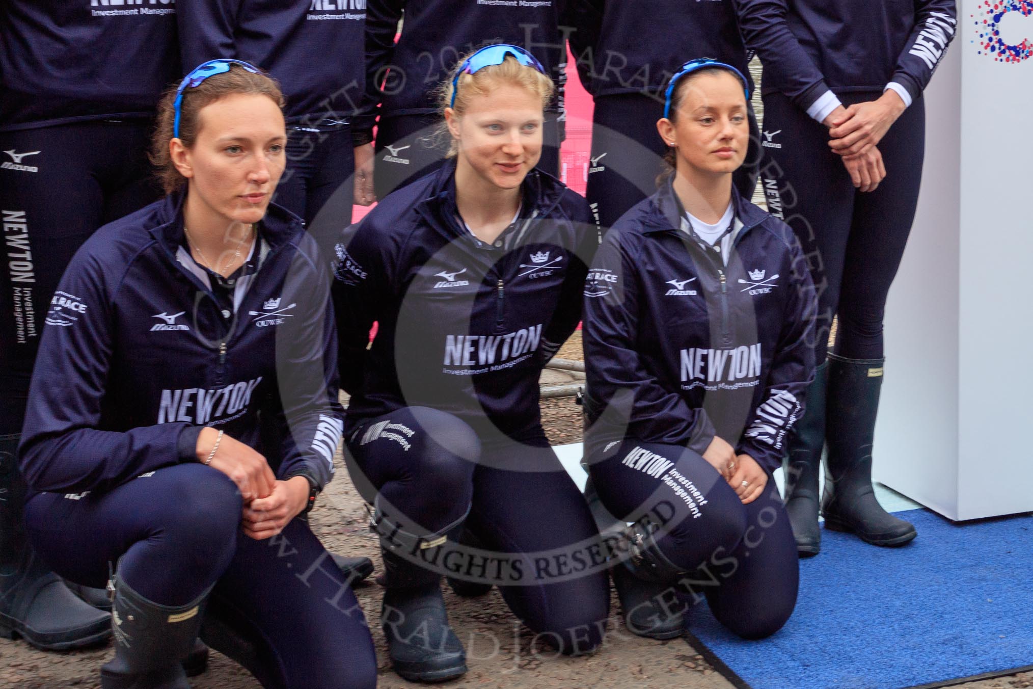 The Cancer Research UK Women's Boat Race 2018: The Oxford Blue Boat crew after the toss -  7 seat Abigail Killen, stroke Beth Bridgman, and cox Jessica Buck.
River Thames between Putney Bridge and Mortlake,
London SW15,

United Kingdom,
on 24 March 2018 at 14:42, image #56