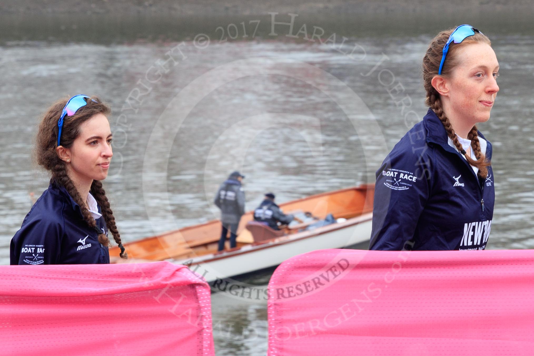 The Cancer Research UK Women's Boat Race 2018: On the way to the reserve boat toss - here, for Oxford's Osiris, cox Eleanor Shearer and stroke Anna Murgatroyd.
River Thames between Putney Bridge and Mortlake,
London SW15,

United Kingdom,
on 24 March 2018 at 14:54, image #61