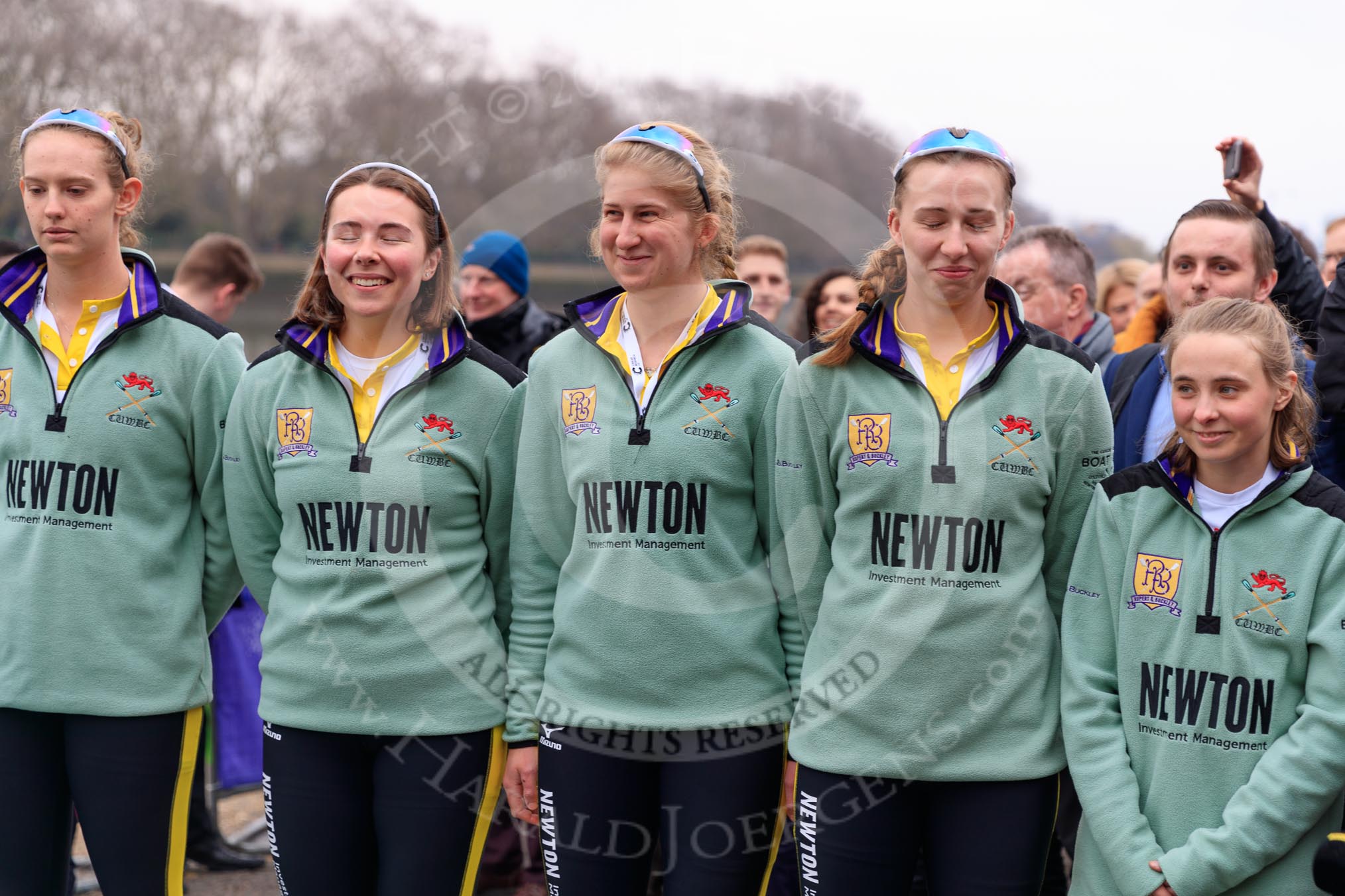 The Cancer Research UK Women's Boat Race 2018: The reserve boat toss - here, for Cambridge's Blondie, 4 seat Laura Foster,  6 Larkin Sayre , 7 Lucy Pike, stroke Millie Perrin, and cox Sophie Wrixon.
River Thames between Putney Bridge and Mortlake,
London SW15,

United Kingdom,
on 24 March 2018 at 14:54, image #68