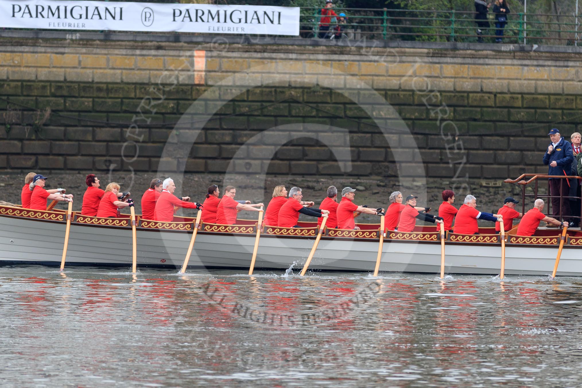 The Cancer Research UK Women's Boat Race 2018: Rowers at work on the Queen's rowbarge Gloriana.
River Thames between Putney Bridge and Mortlake,
London SW15,

United Kingdom,
on 24 March 2018 at 15:15, image #77