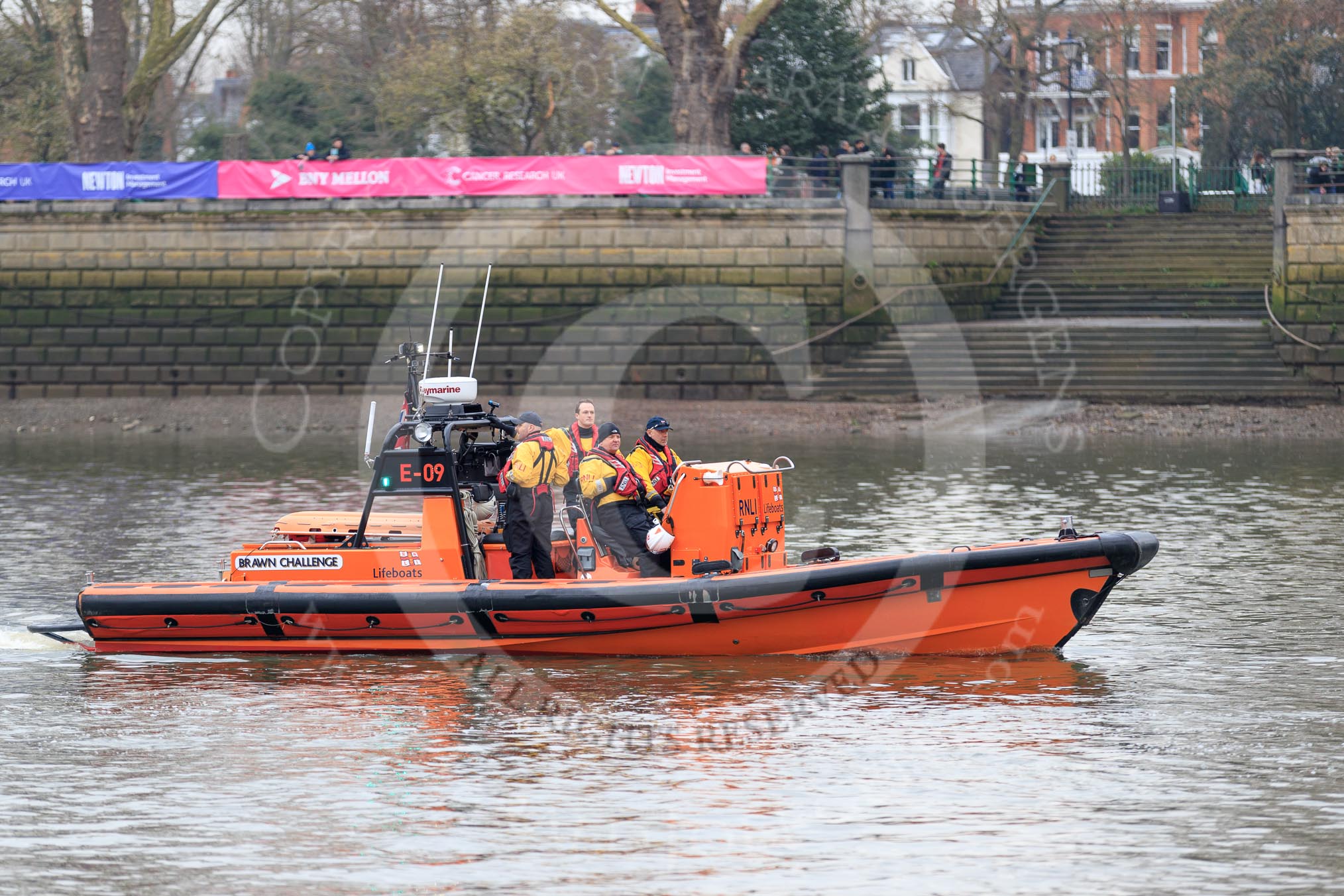 The Cancer Research UK Women's Boat Race 2018: RNLI E-Class boat "Brawn Challenge". For a virtual tour of these high powered, high tech boats, see http://j.mp/rnli-e-class.
River Thames between Putney Bridge and Mortlake,
London SW15,

United Kingdom,
on 24 March 2018 at 15:24, image #82