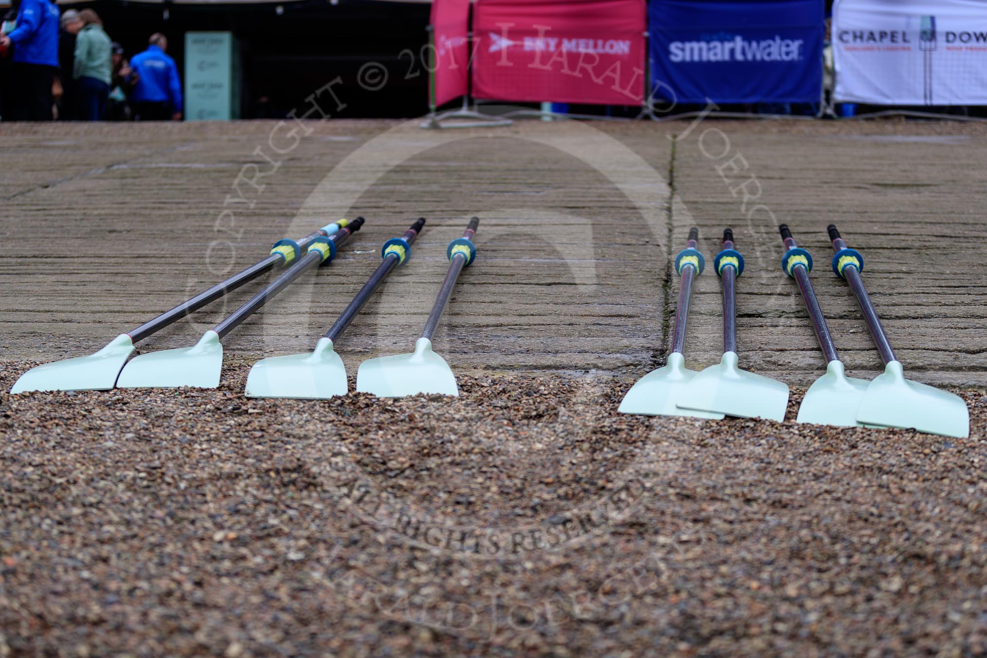 The Cancer Research UK Women's Boat Race 2018: Some of the oars to be used by the Cambridge women.
River Thames between Putney Bridge and Mortlake,
London SW15,

United Kingdom,
on 24 March 2018 at 15:34, image #85