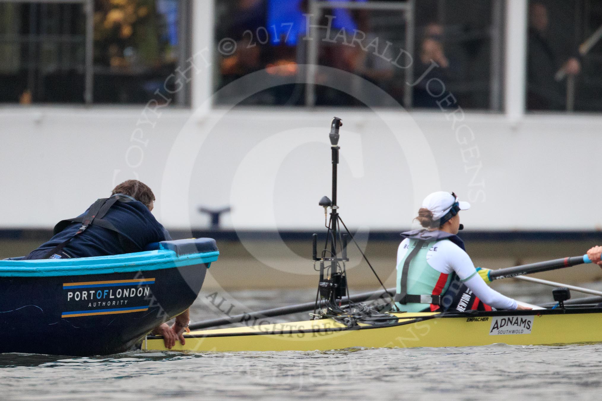 The Cancer Research UK Women's Boat Race 2018: The Cambridge Blue Boat at the stake boat,  getting ready for the start of the race.
River Thames between Putney Bridge and Mortlake,
London SW15,

United Kingdom,
on 24 March 2018 at 16:28, image #157