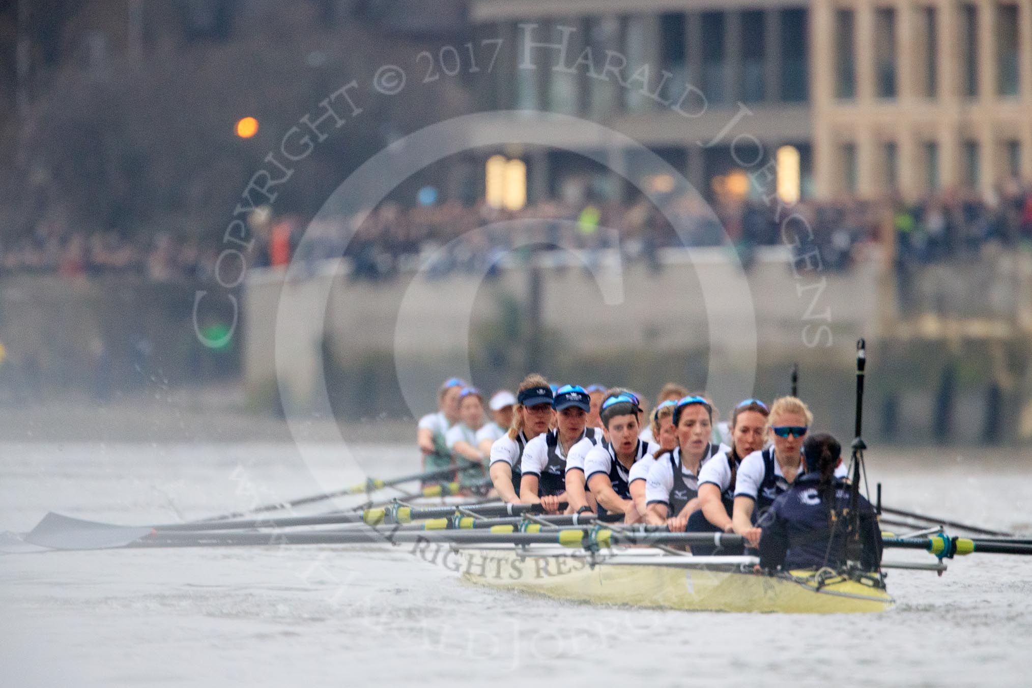 The Cancer Research UK Women's Boat Race 2018: The Cambridge women are getting further ahead on the way to Hammersmith Bridge. In the Oxforf boat Bow Renée Koolschijn, 2 Katherine Erickson, 3 Juliette Perry, 4 Alice Roberts, 5 Morgan McGovern, 6 Sara Kushma, 7 Abigail Killen, stroke Beth Bridgman, cox Jessica Buck.
River Thames between Putney Bridge and Mortlake,
London SW15,

United Kingdom,
on 24 March 2018 at 16:37, image #181