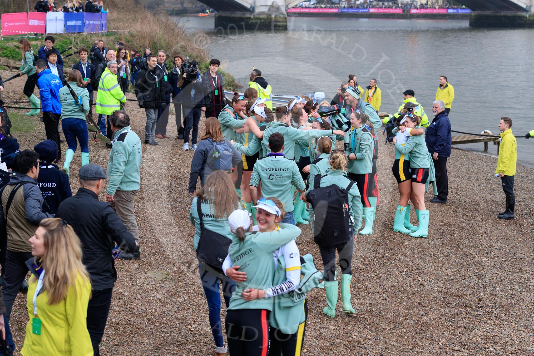 The Cancer Research UK Women's Boat Race 2018: The Cambridge women celebrating after both the Blue Boat and the reserve boat, Blondie, have beaten the Oxford boats.
River Thames between Putney Bridge and Mortlake,
London SW15,

United Kingdom,
on 24 March 2018 at 17:11, image #308